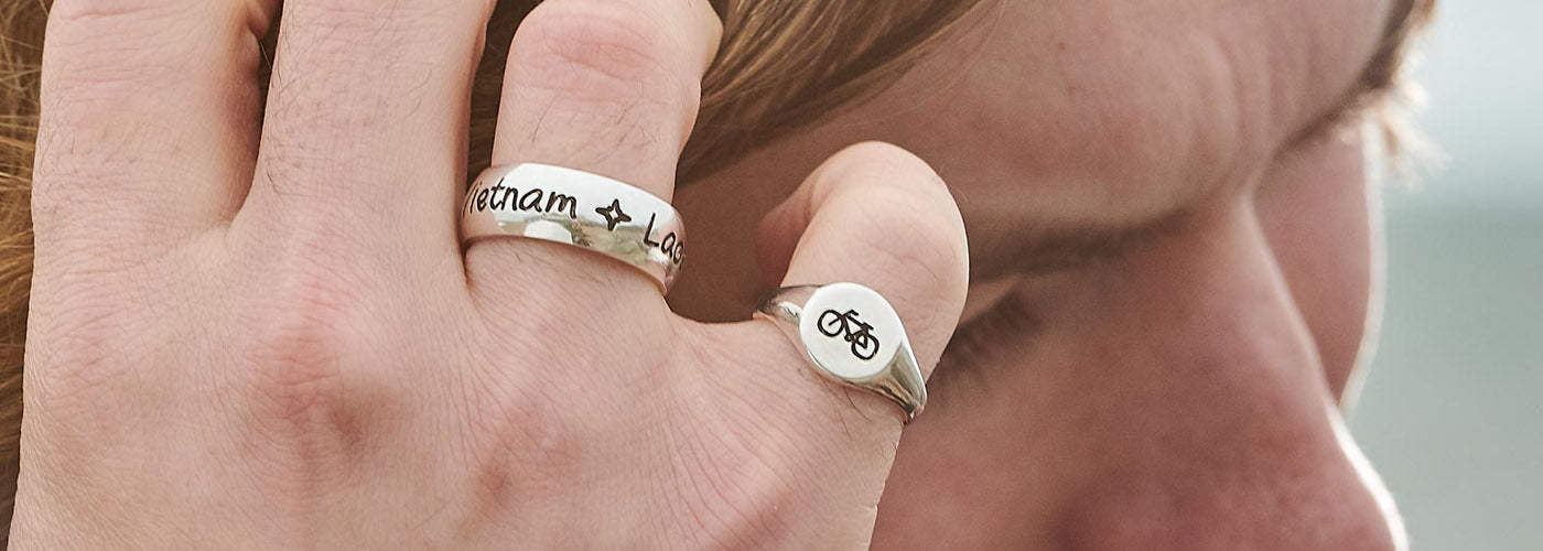 mens unusual travel gifts cyclist bike signet rings destination engraved rings off the map