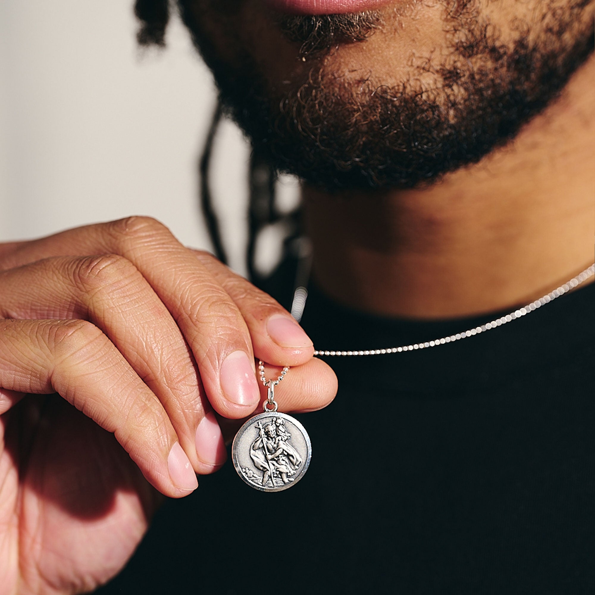 20mm 2cm wide mans silver Saint Christopher pendant on ball chain necklace