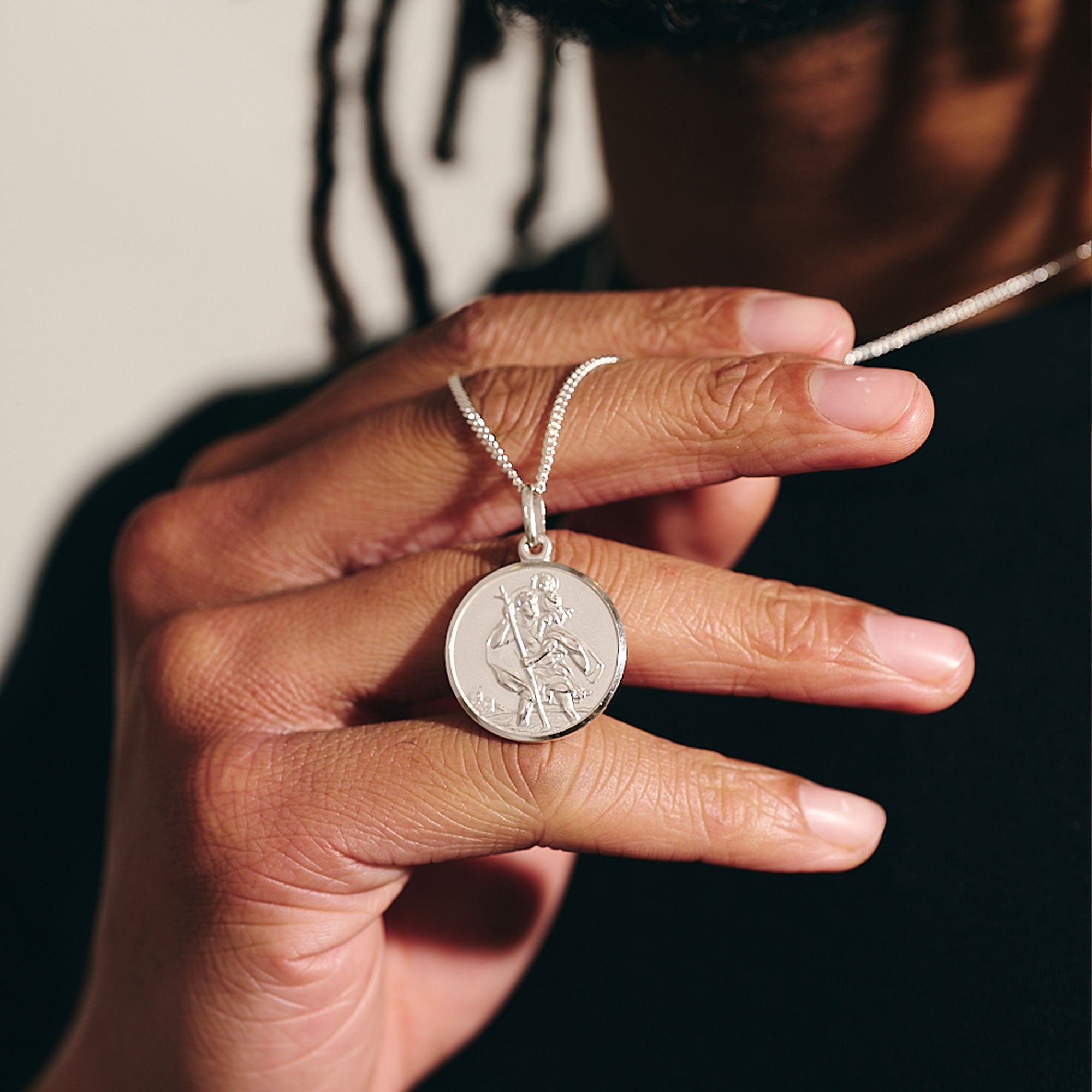 27mm large polished silver saint christopher necklace with engraved back on 1mm curb chain