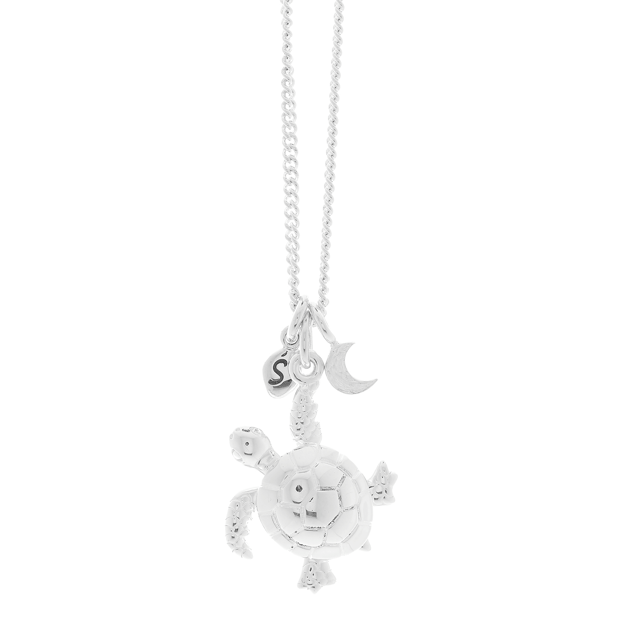 Silver turtle pendant necklace with moon and personalised pebble off the map jewellery