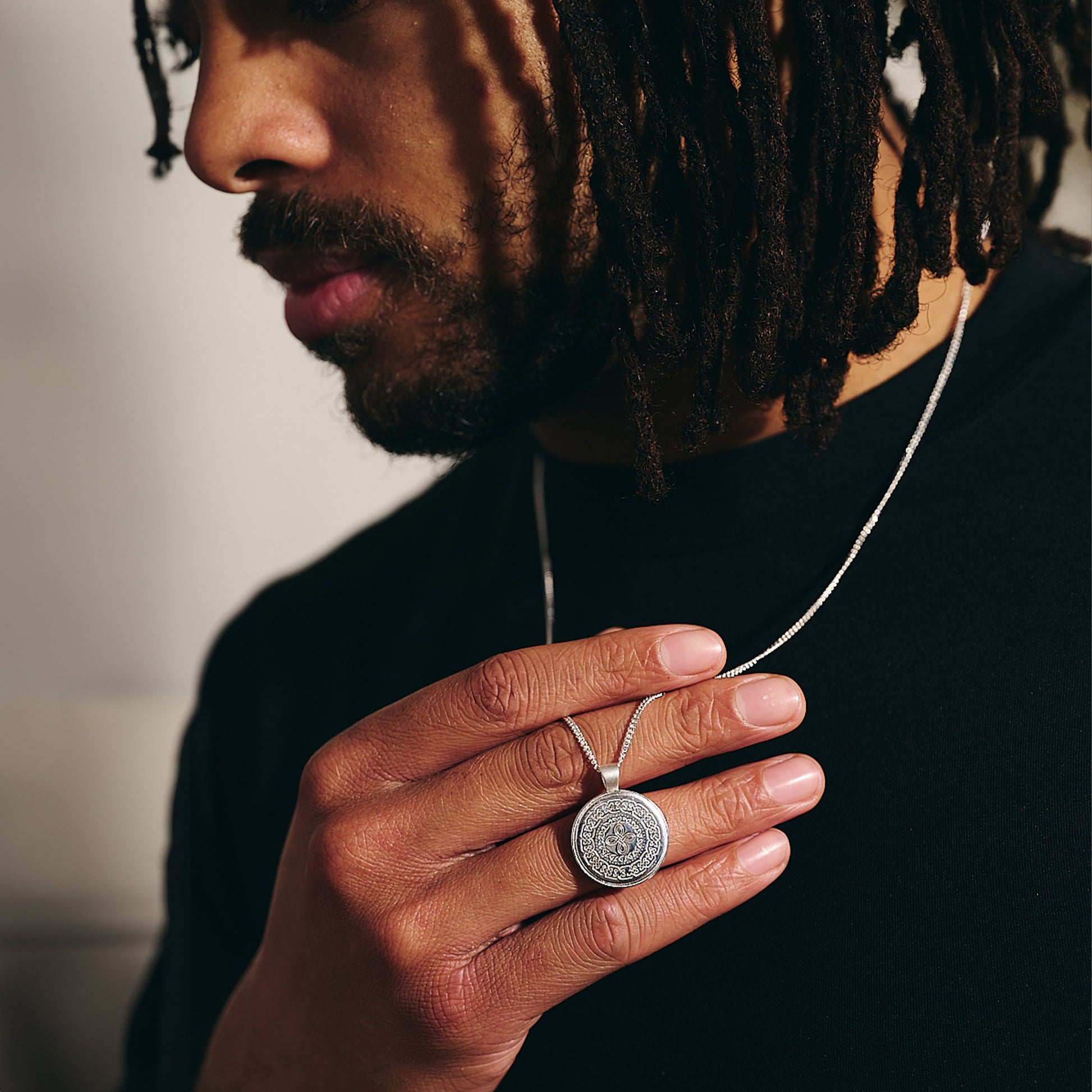 original polished Celtic happiness knot pendant for men on curb chain necklace