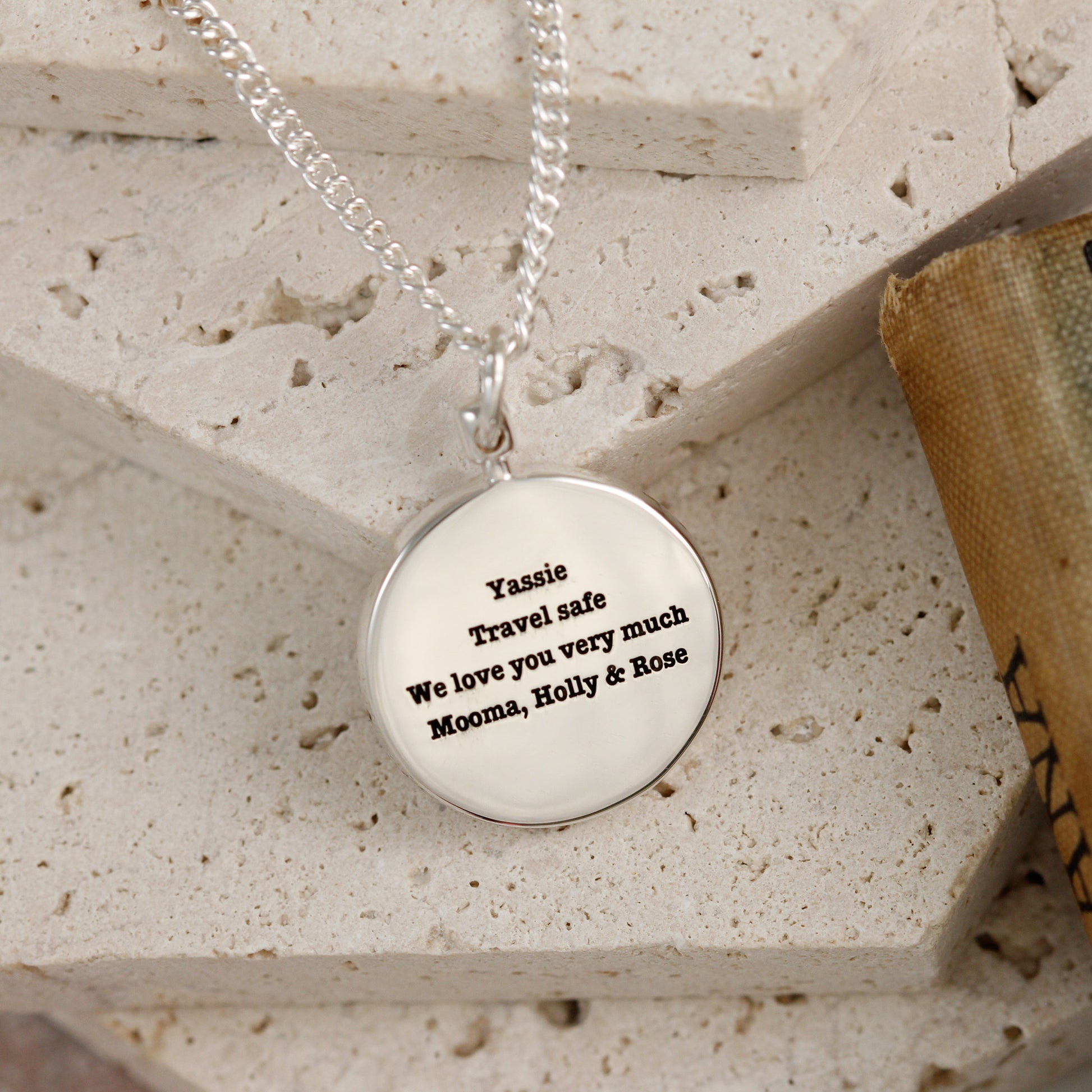 engraved typewriter font globe necklace