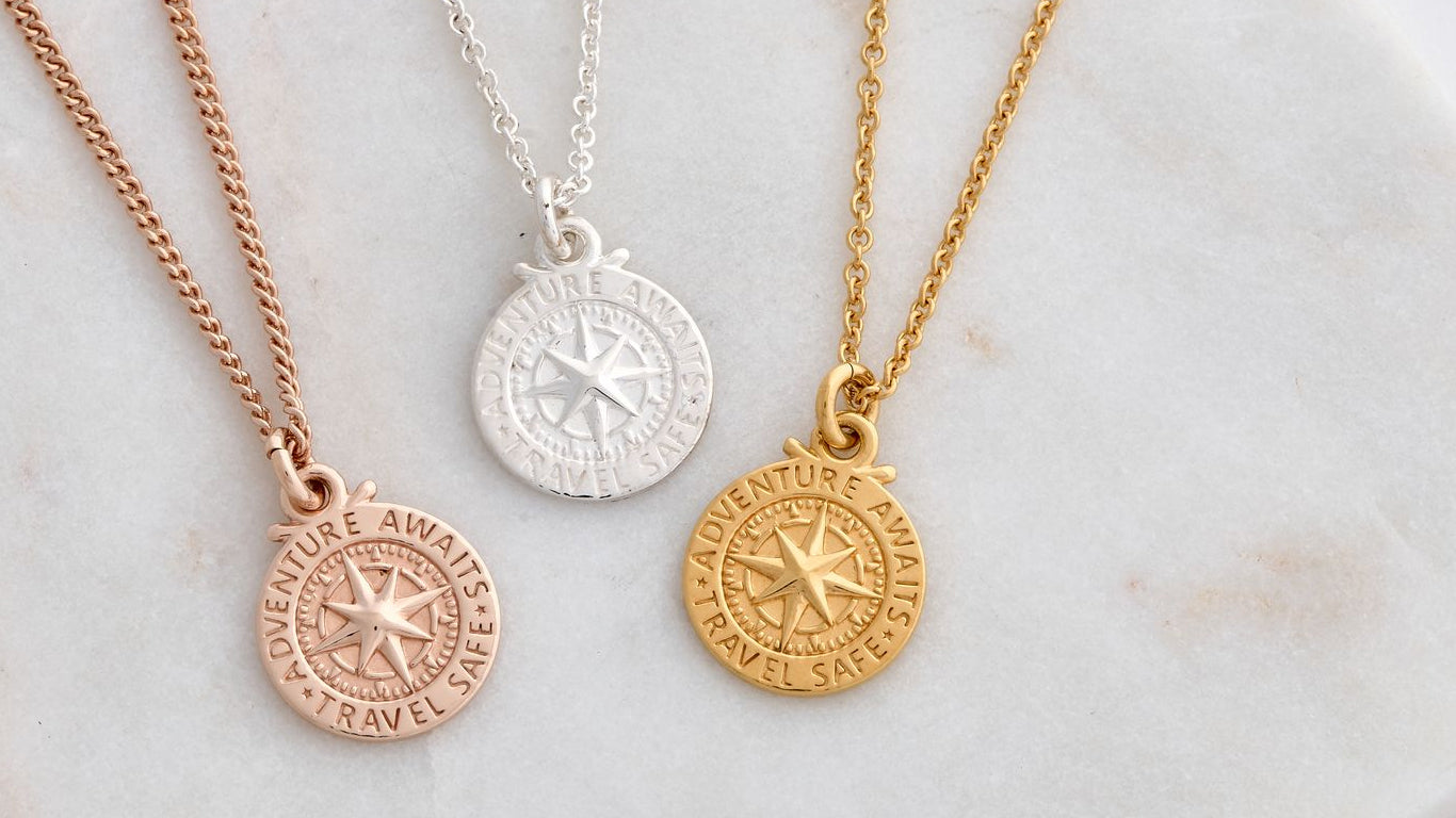 compass necklaces in silver yellow or rose gold reading travel safe adventure awaits on trace or curb chain