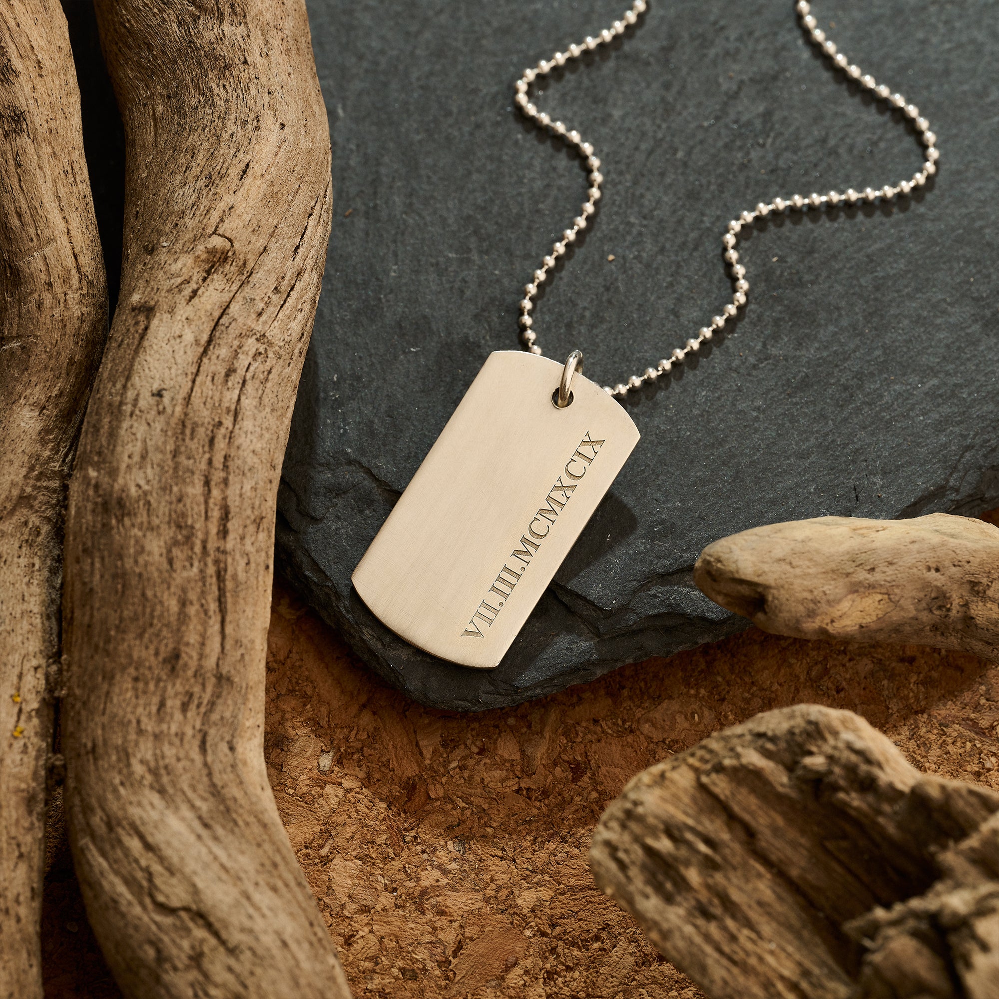 special date in roman numerals silver dog tag pendant