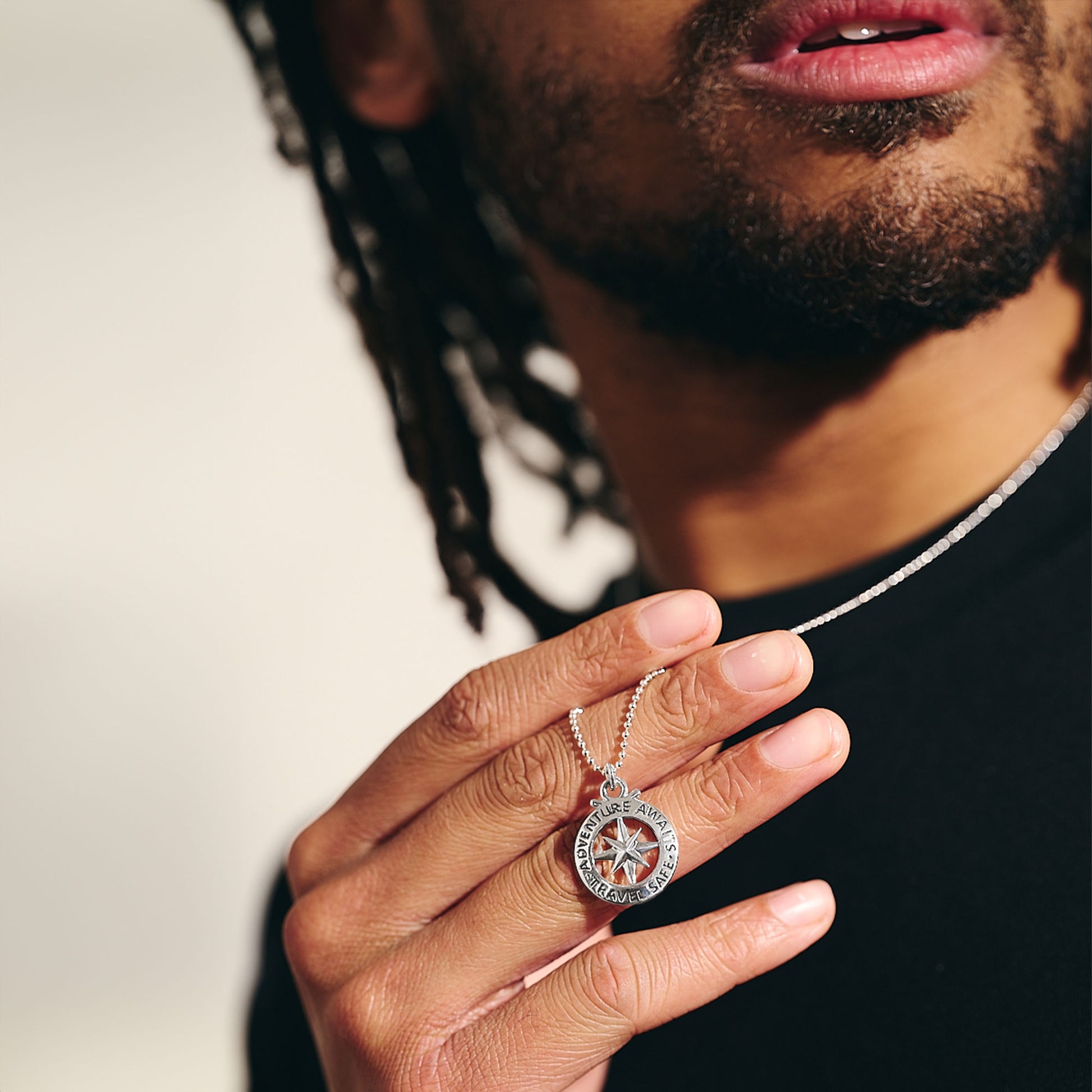 travel safe compass mens necklace oxidised finish