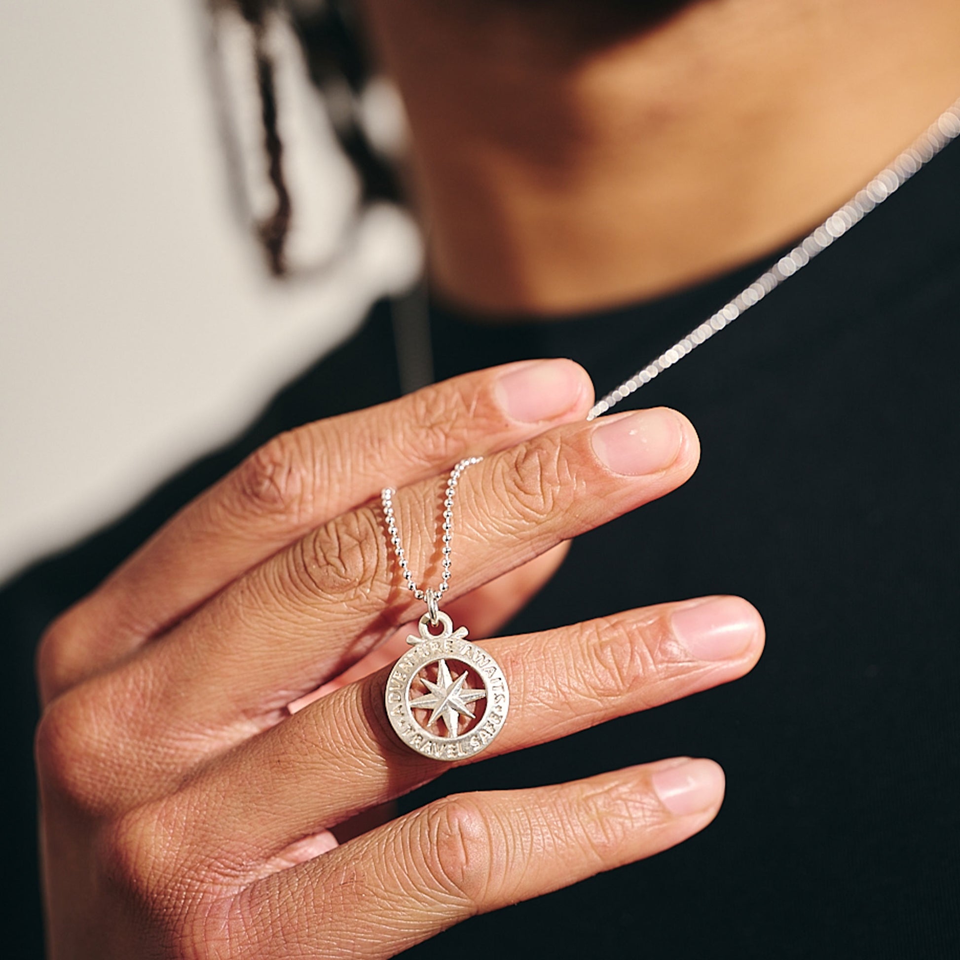 travel safe compass mens necklace matte finish on ball chain