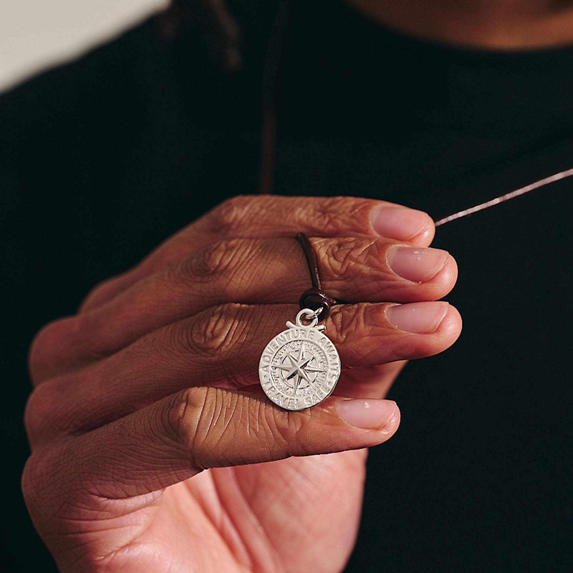 silver and leather compass pendant travel gift idea for grandson