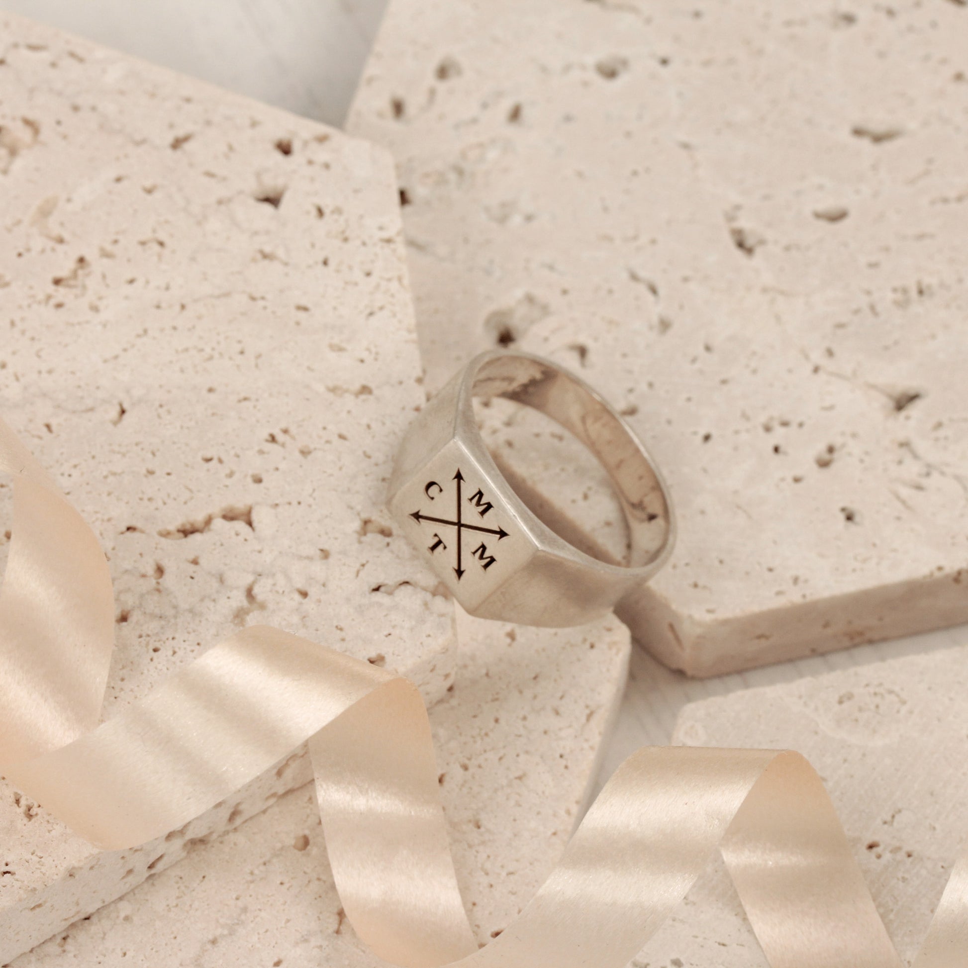 mens silver signet ring with family initials custom engraved personalised gift for dad husband