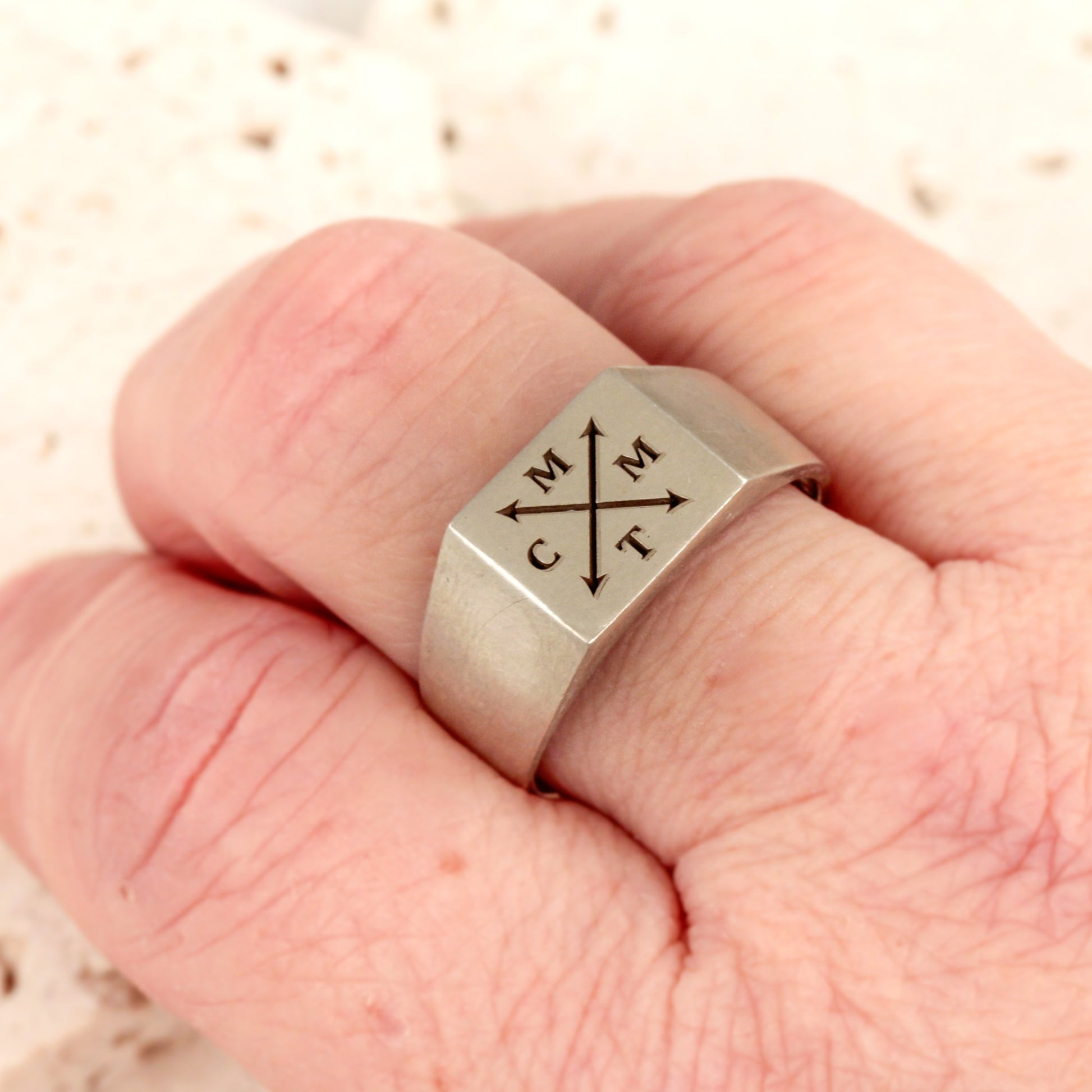 mens silver signet ring with family initials custom engraved personalised gift for dad husband