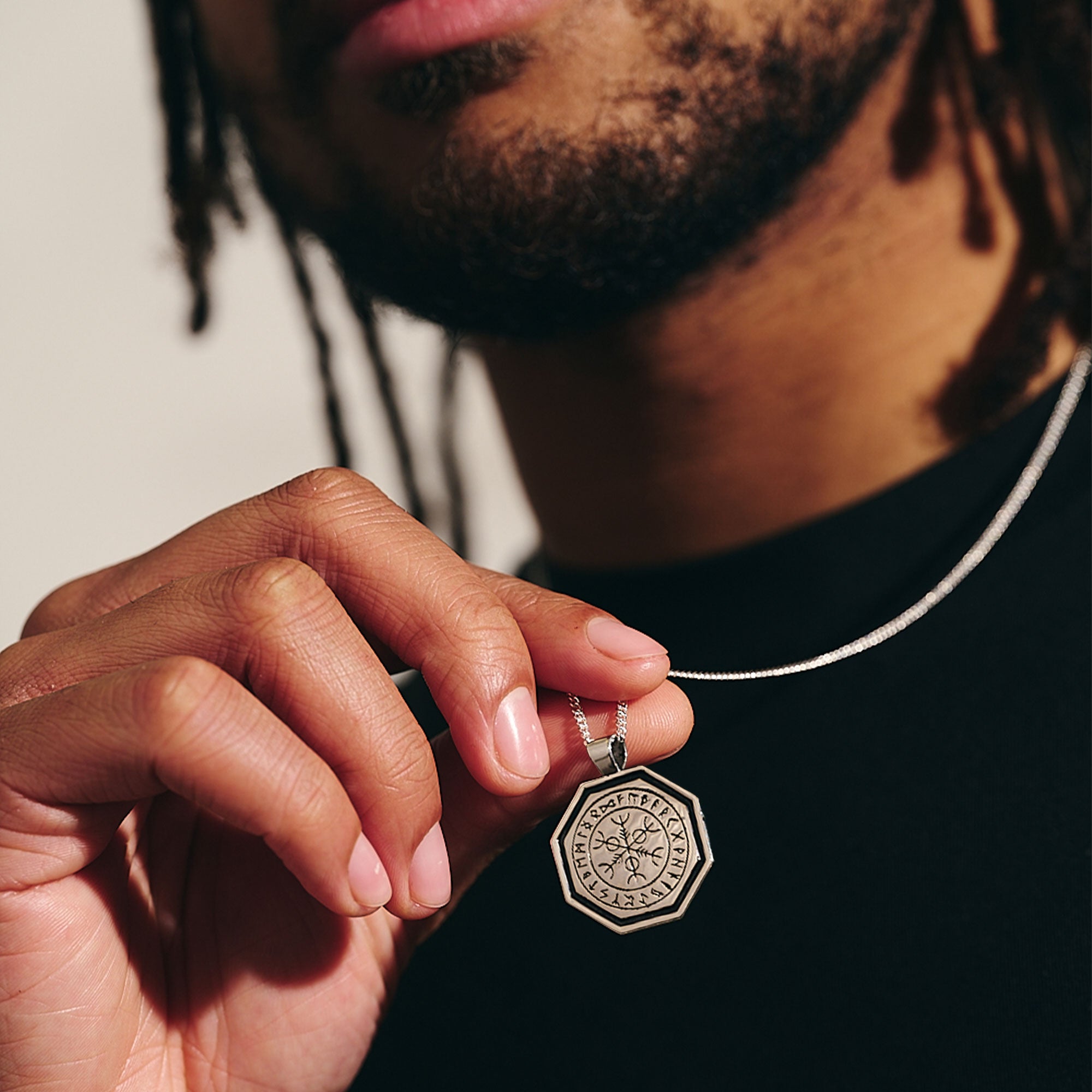 mens rune necklace octagon shape solid silver travel jewellery