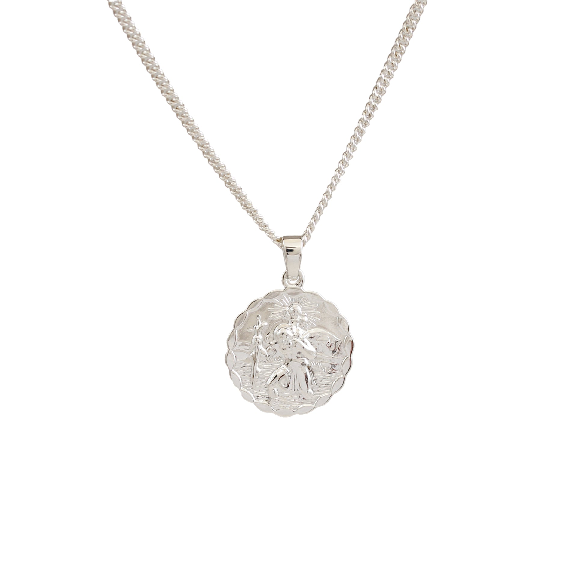 silver ellipse scalloped edge Saint Christopher necklace on curb chain