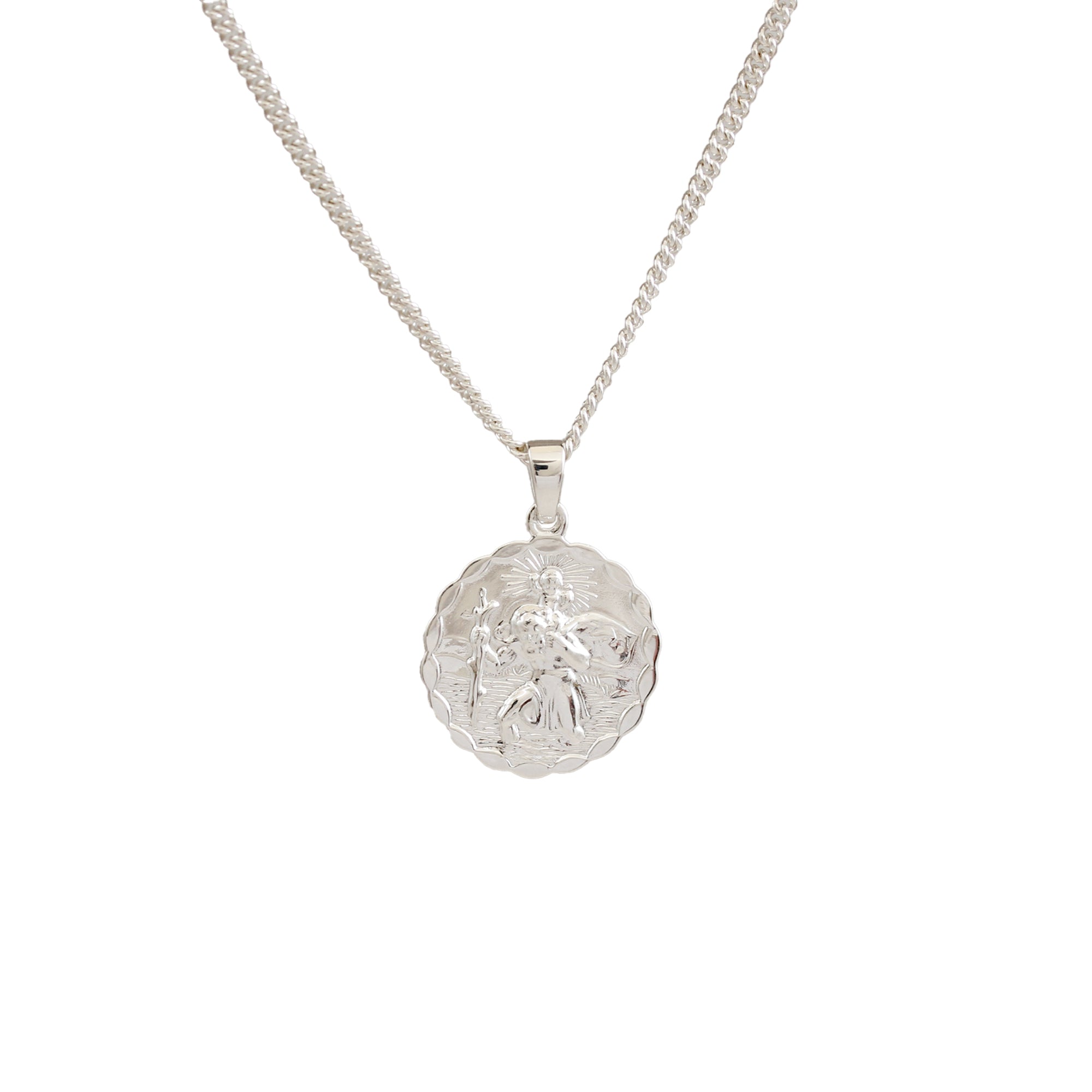 silver ellipse scalloped edge Saint Christopher necklace on curb chain