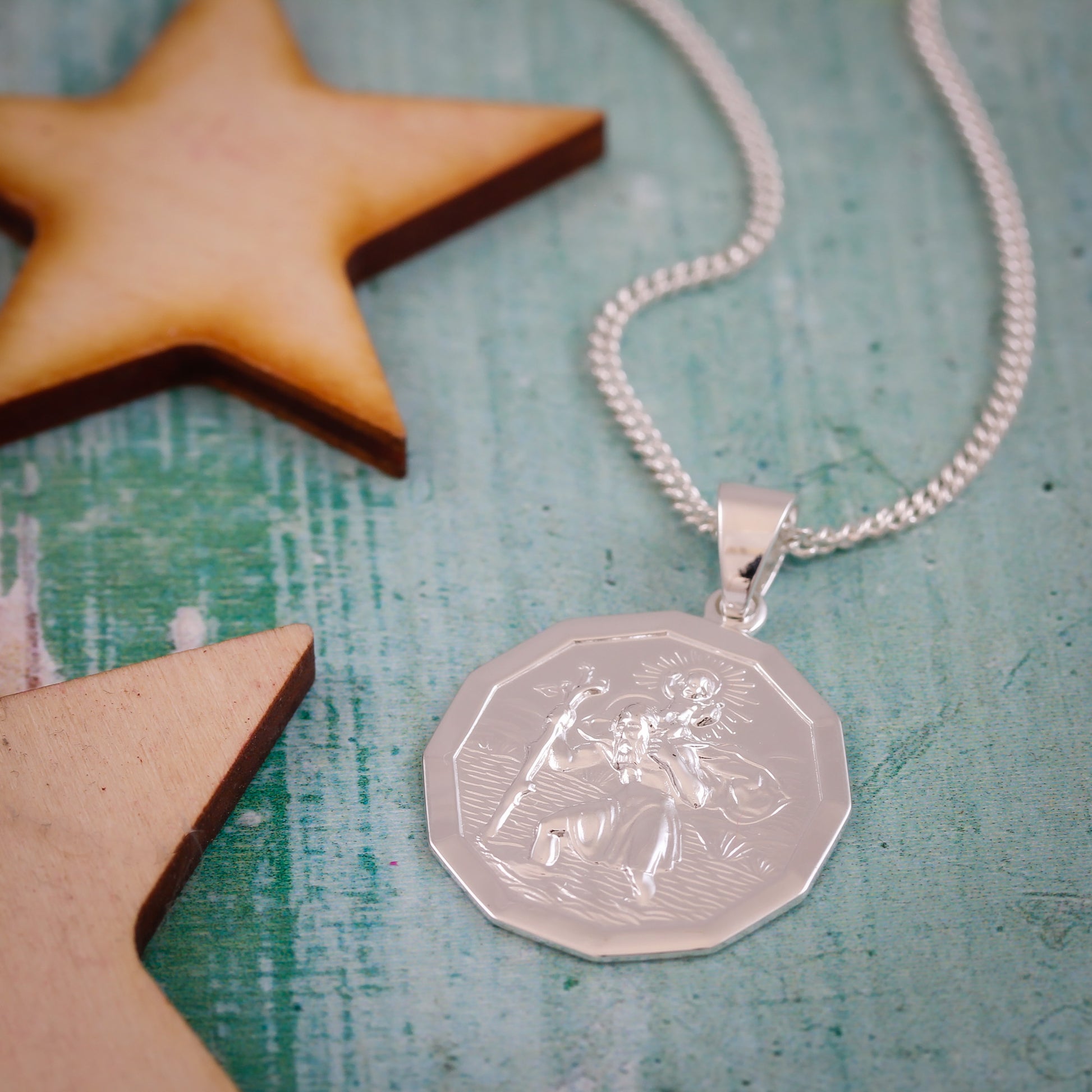 dodecagon shaped silver cast saint Christopher necklace