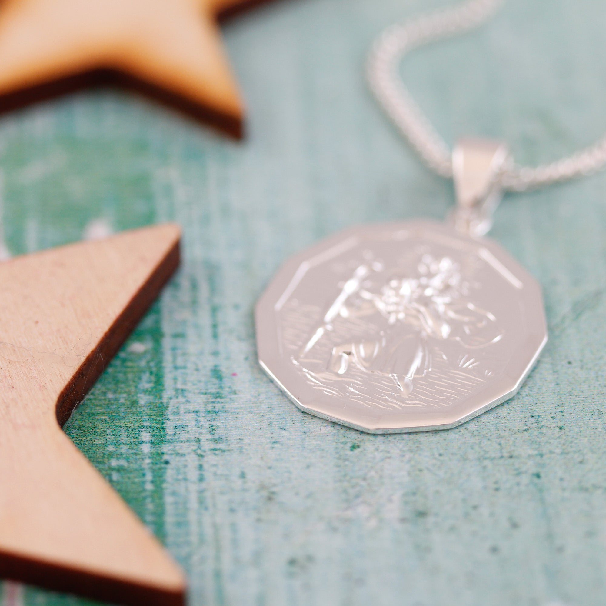 dodecagon shaped silver cast saint Christopher necklace