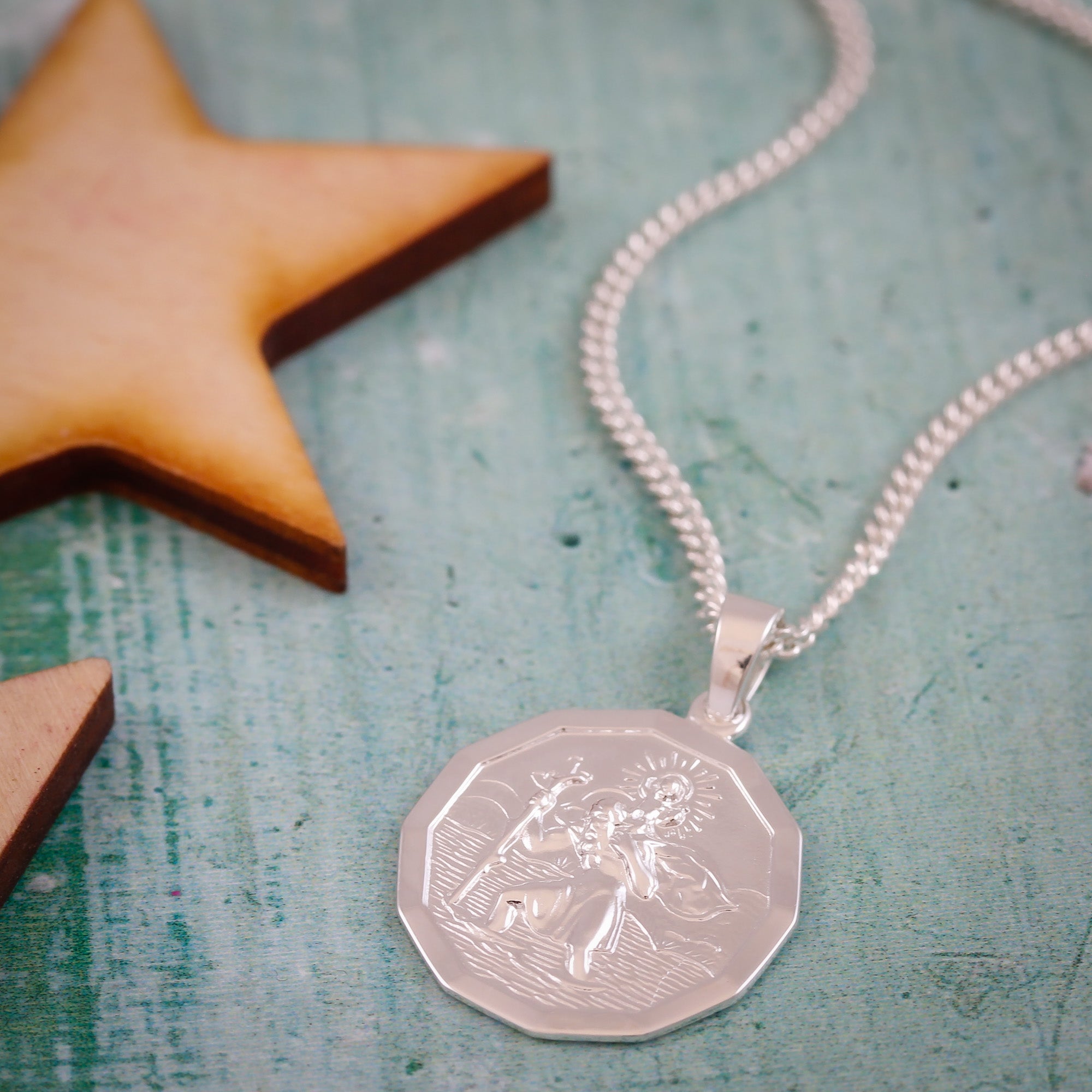 cast silver 12 sided St Christopher necklace
