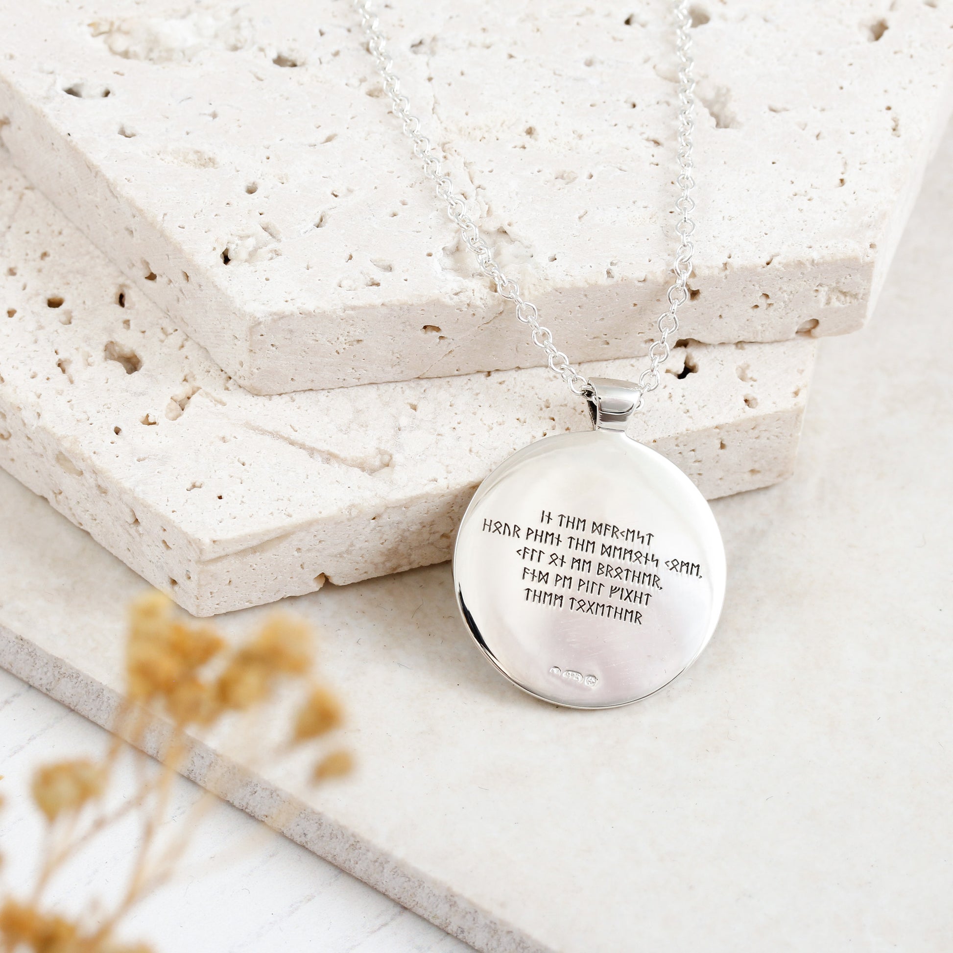 viking rune silver necklace engraved with rune message on the back personalized