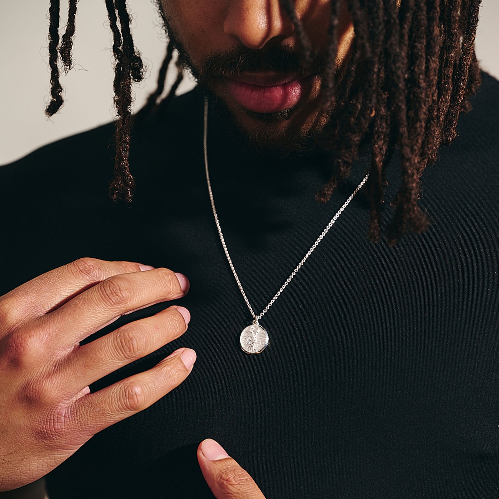 wave pattern silver Saint Christopher necklace trace chain