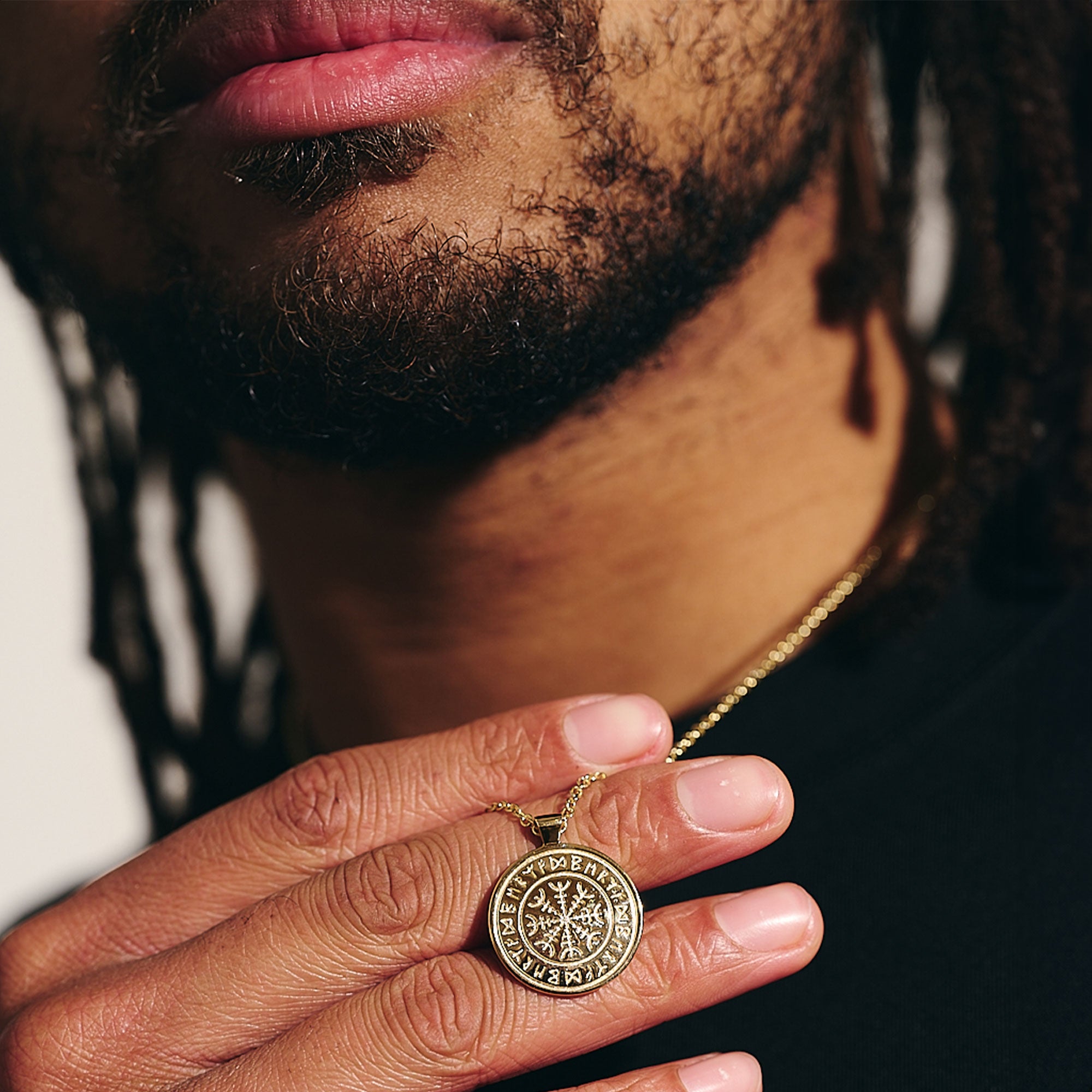 solid gold mens necklace travel runes 9k gold on 2mm trace chain