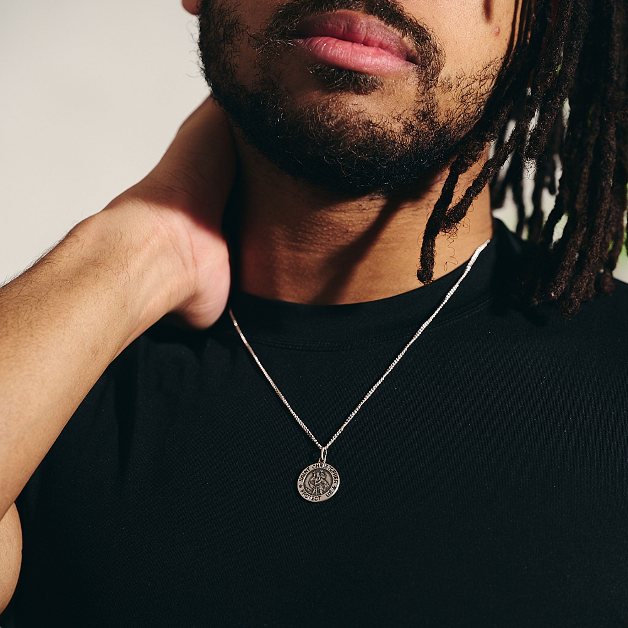oxidised silver saint christopher necklace on curb chain for men