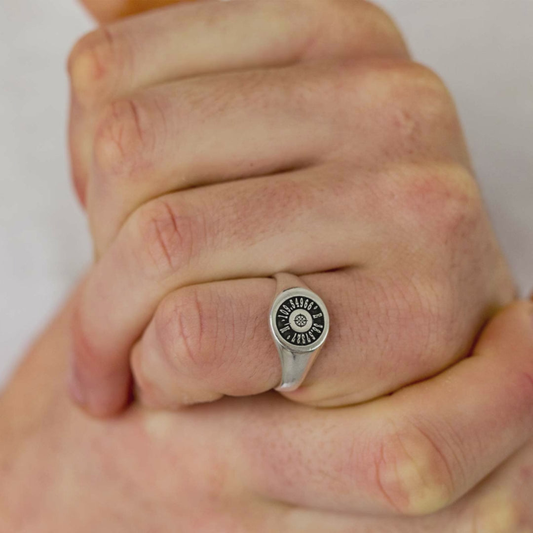 Load video: latitude longitude custom location silver signet ring mens womens handmade in Brighton UK Off The Map Jewellery