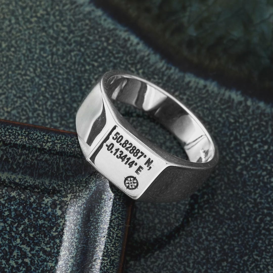 Load video: Latitude Longitude Coordinates Silver Signet Ring