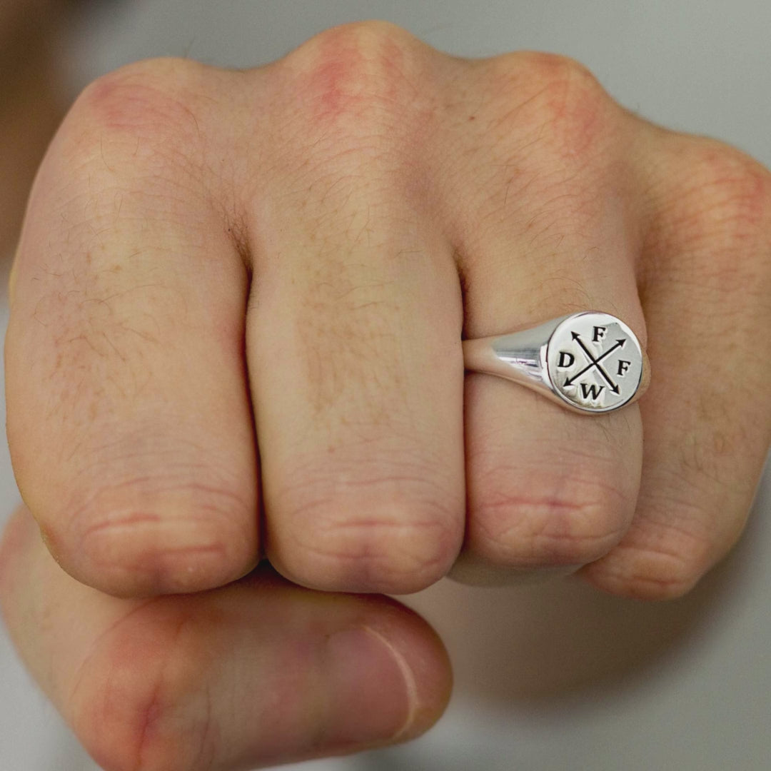 Load video: family initials silver signet ring gift for dad from the kids handmade in Brighton UK Off The Map Jewellery