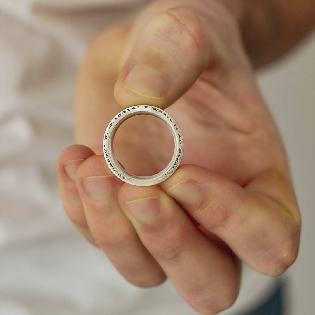 Load video: secret message engraved edge of silver ring anniversary gift birthday wedding for him Off The Map Jewellery