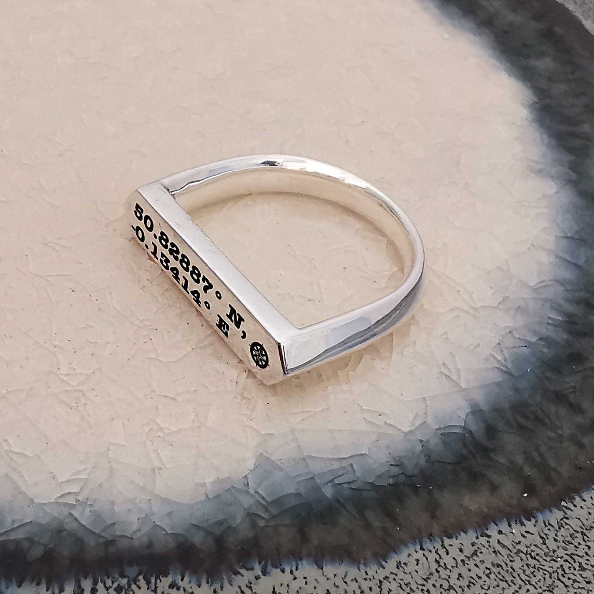 custom co-ordinates latitude longitde hexagon bar silver signet ringcustom latitude longitude signet ring engraved gift for him scarlett jewellery