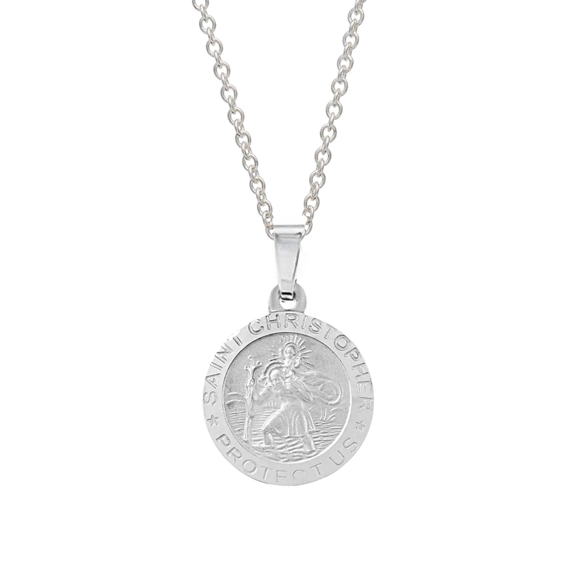brushed silver small saint christopher necklace with engraving on the back