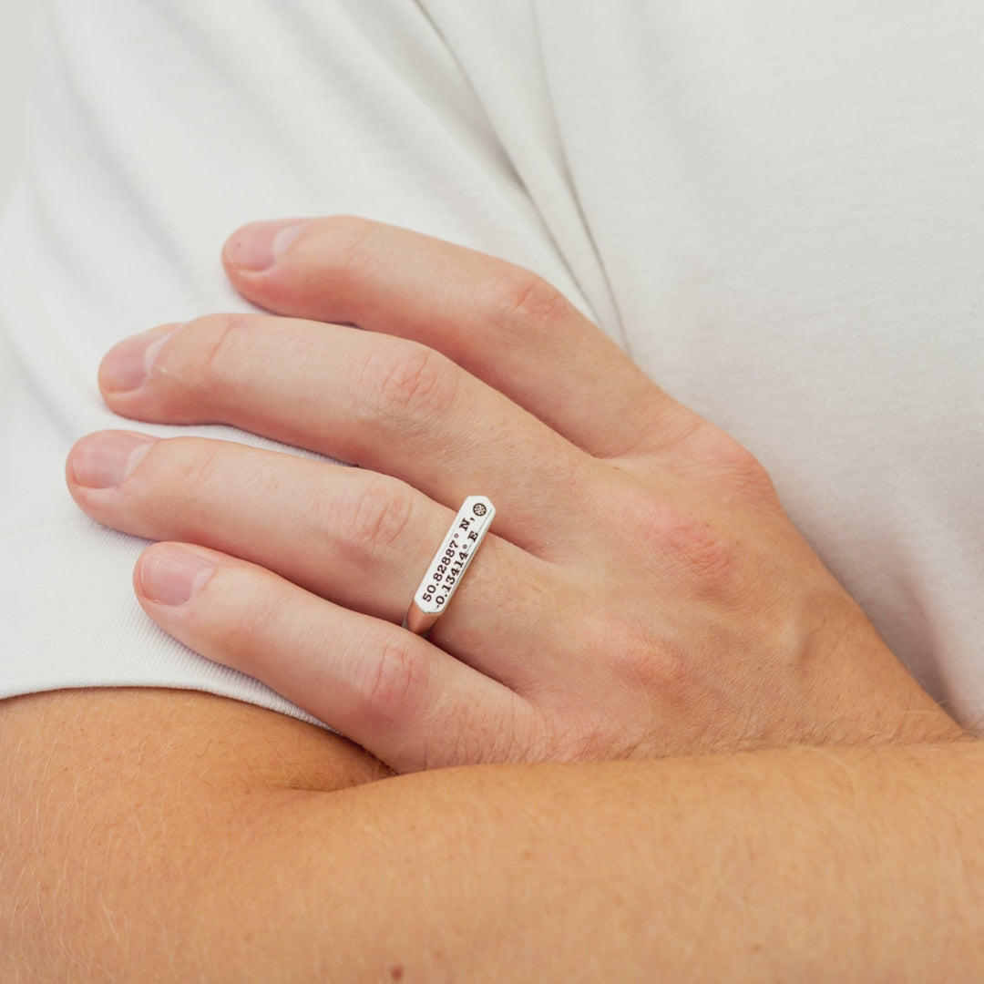 Load video: silver hexagon bar signet ring engraved with custom latitude longitude location Off The Map Jewellery