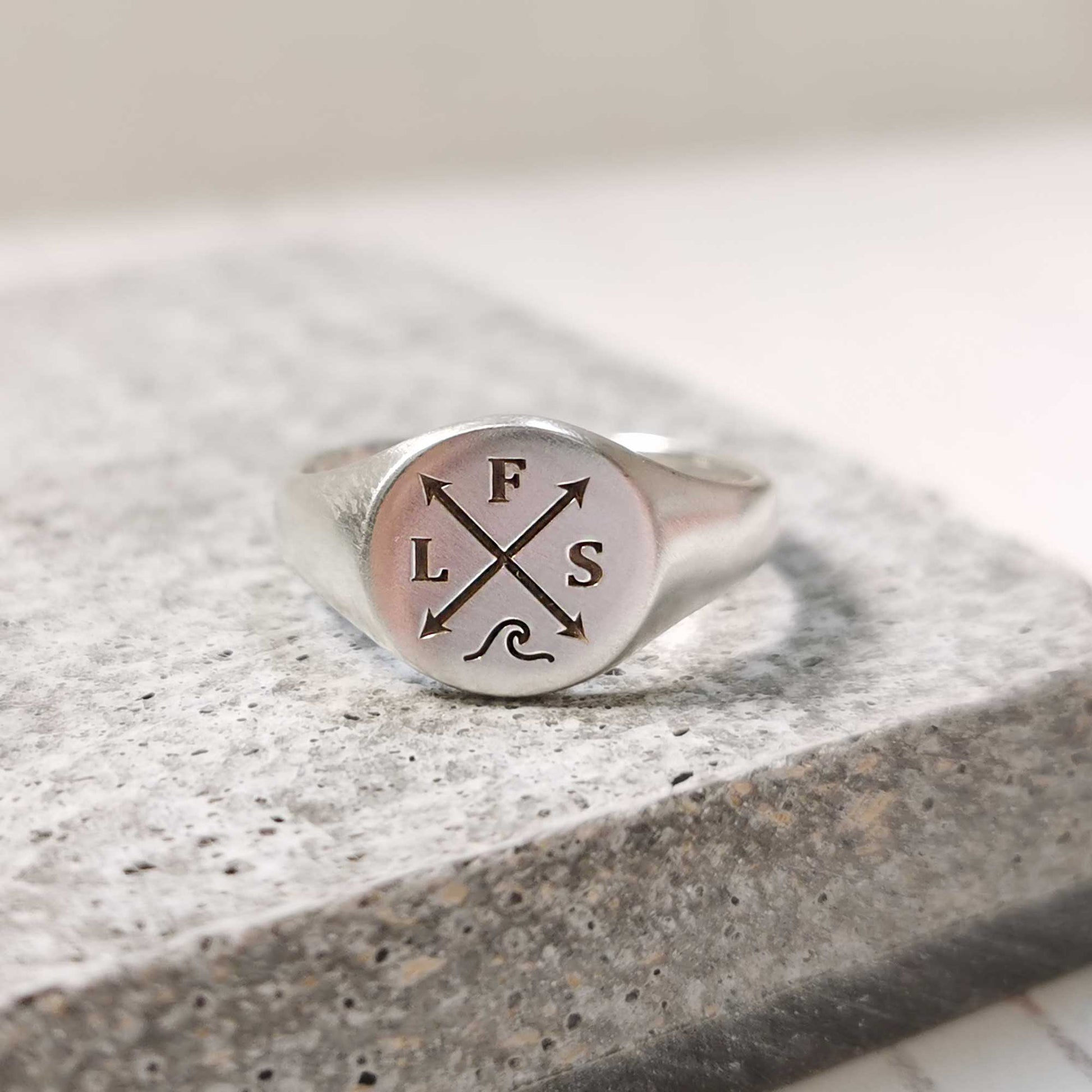 wave symbol initials silver signet ring