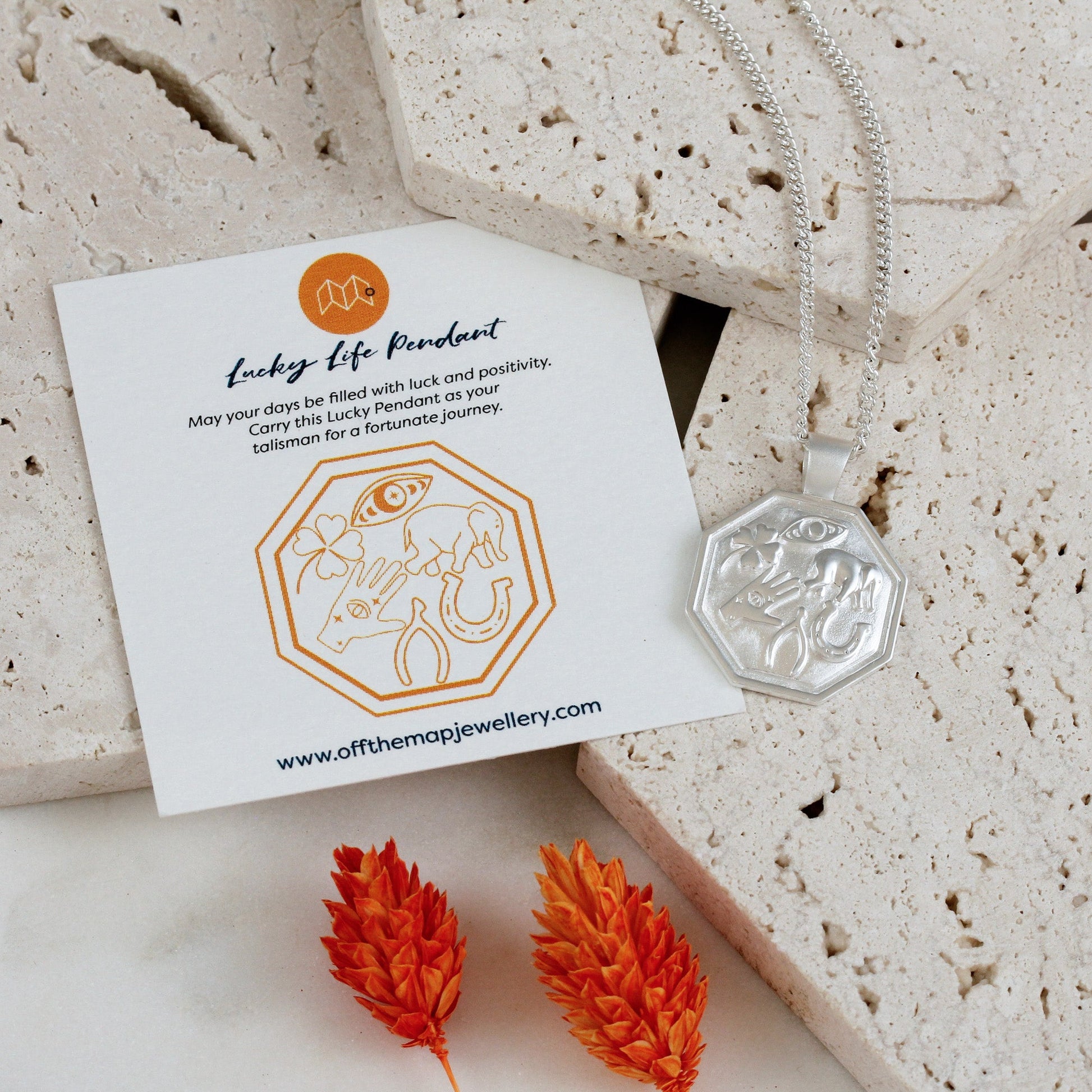 silver lucky symbols necklace horse shoe elephant, hamza, clover