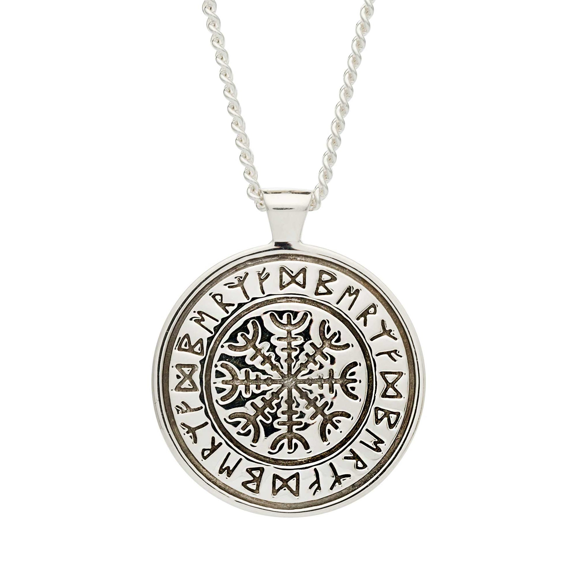 Chunky mens silver viking rune necklace engraved with travel protection freedom nordic rune symbols off the map jewellery