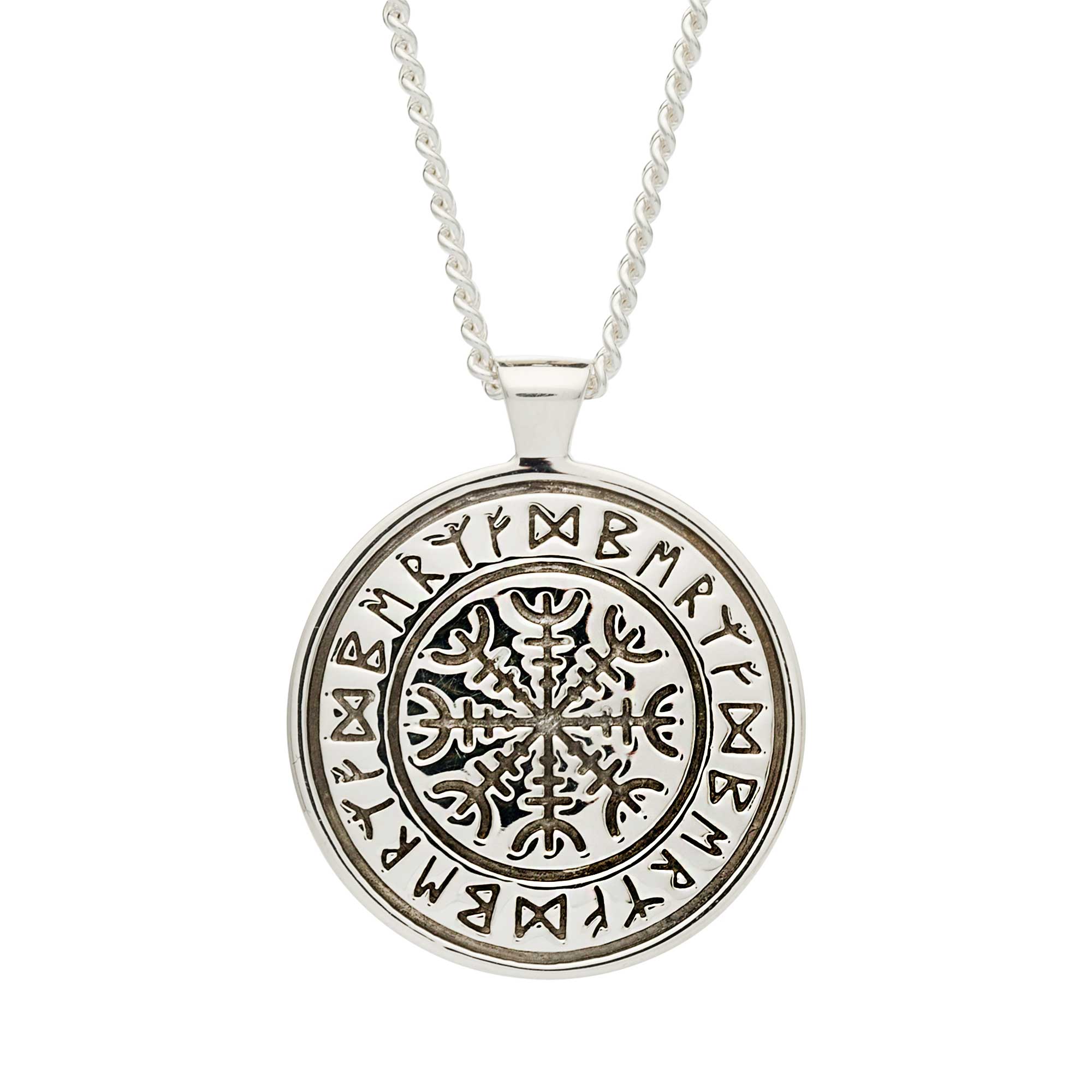 Chunky mens silver viking rune necklace engraved with travel protection freedom nordic rune symbols off the map jewellery