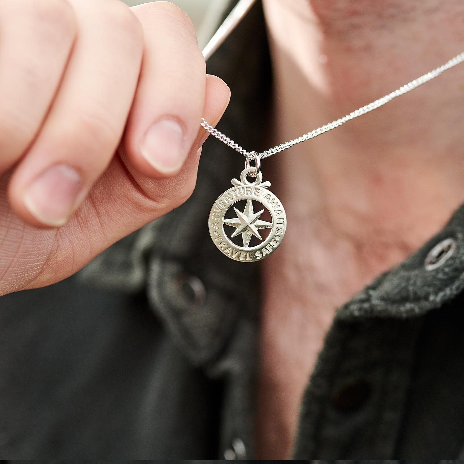 Mens large silver necklace st Christopher compass travel safe Off The Map Jewellery