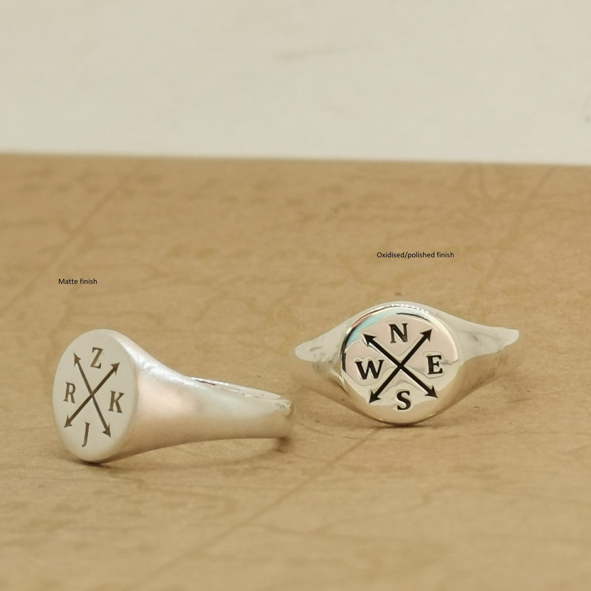 mans signet ring personalized initials crossed arrows sterling silver gift for boyfriend compass nesw