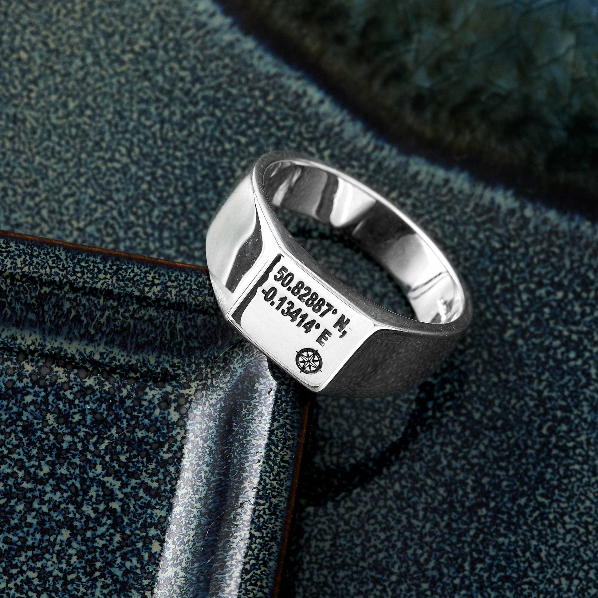 latitude longittue co ordinates silver mens signet ring pinky ring gift for man
