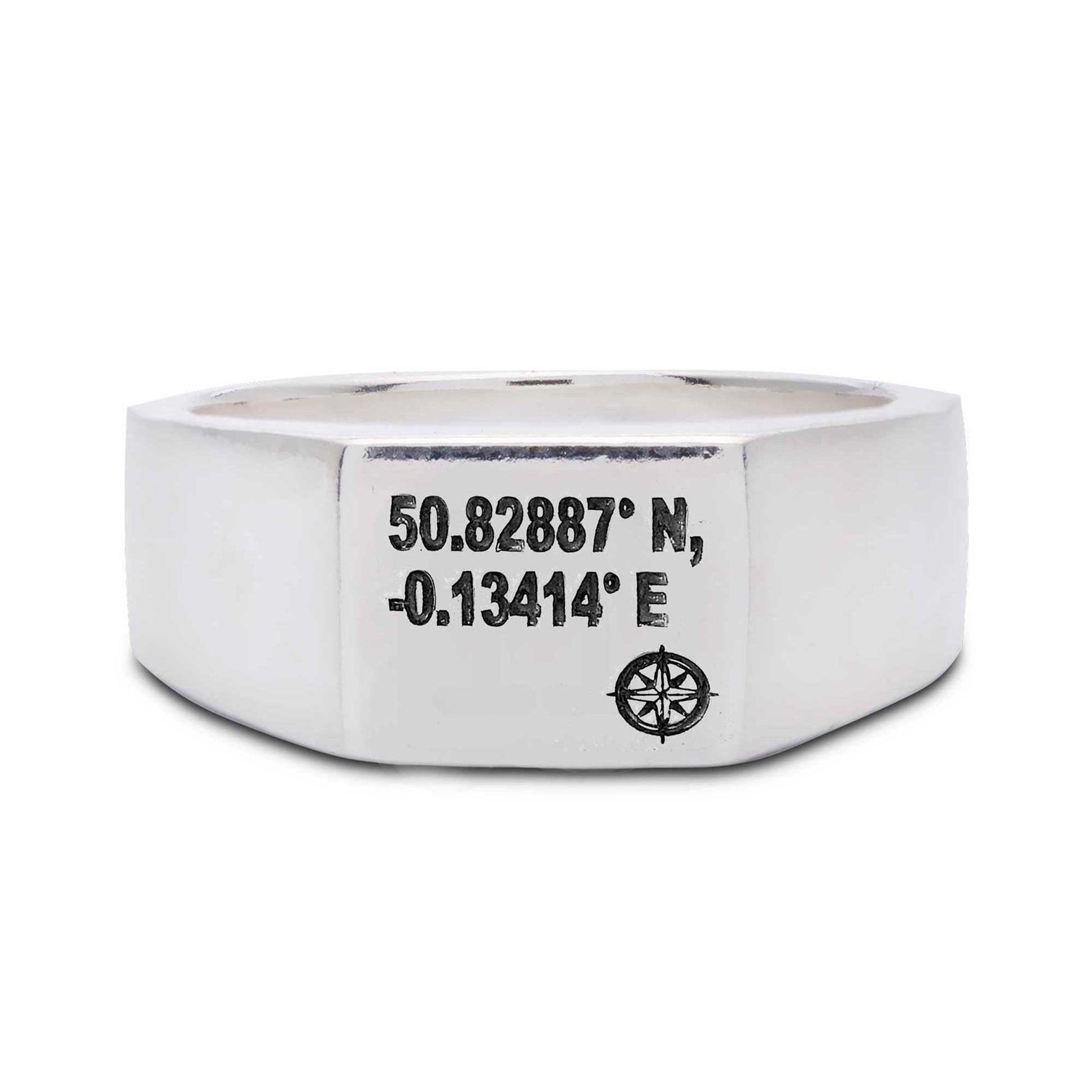 latitude longittue co ordinates silver mens signet ring pinky ring gift for man