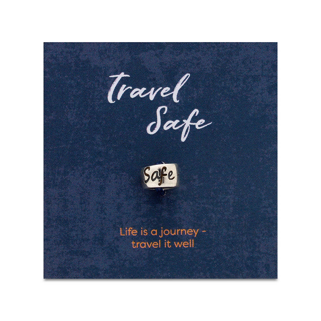 Travel Safe engraved silver bead for necklaces or bead charm bracelets - good luck on your travels gift from Off The Map Jwellery Brighton