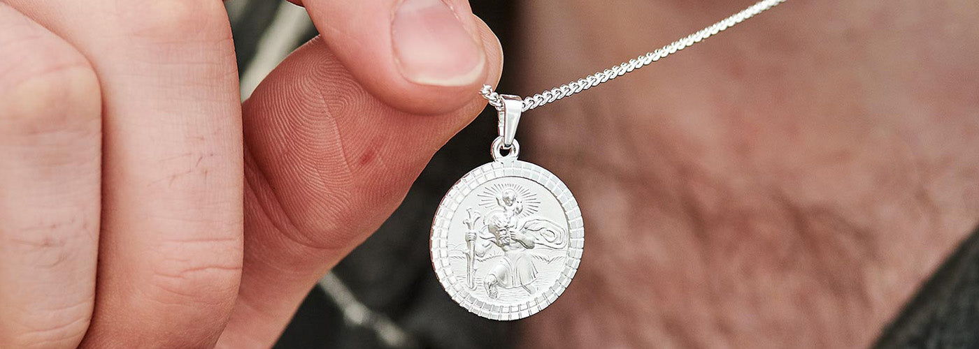 Mens silver st christopher necklaces with personlised engraving off the map jewellery