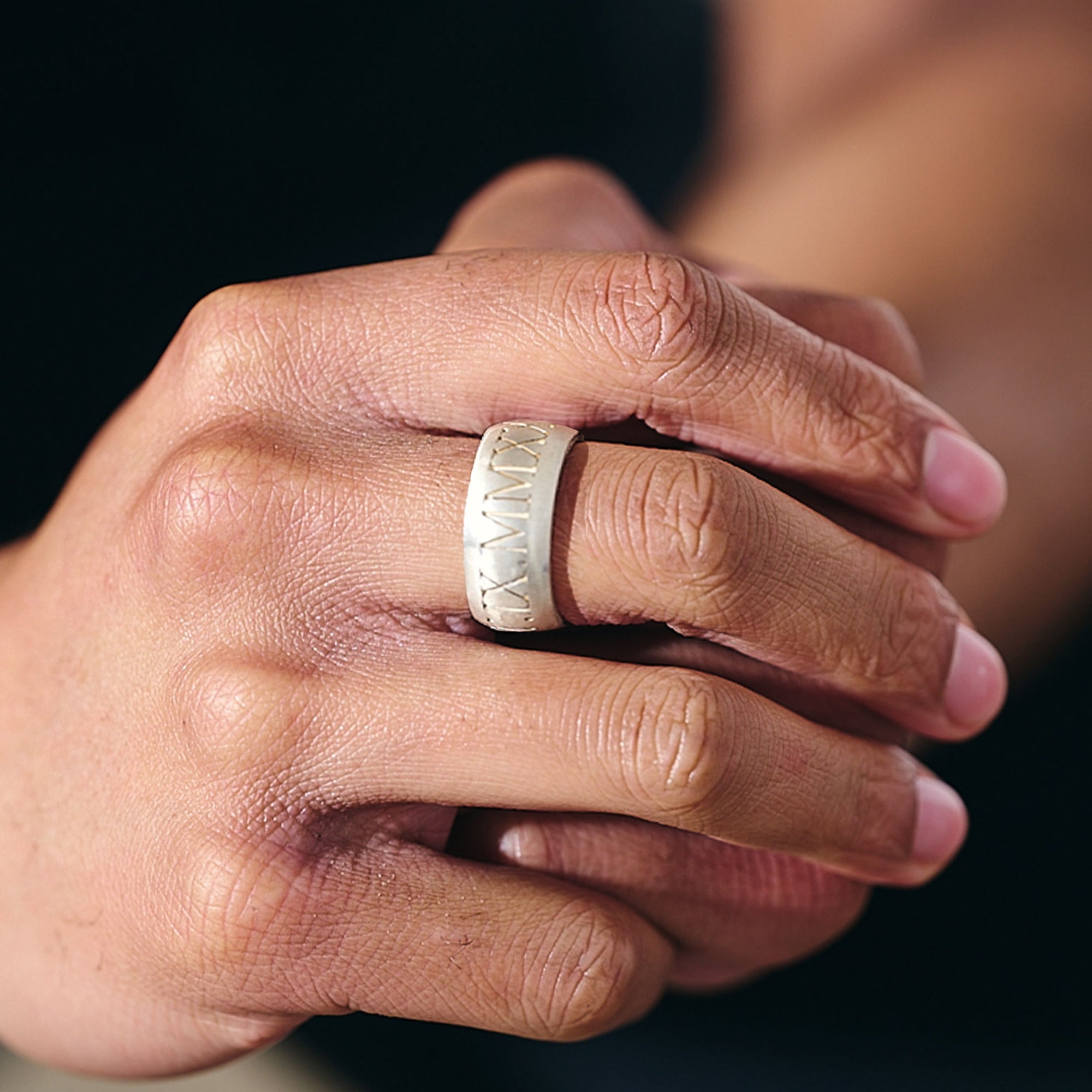 mens wide silver ring with roman numerals engraved 21st birthday gift oxidised finish