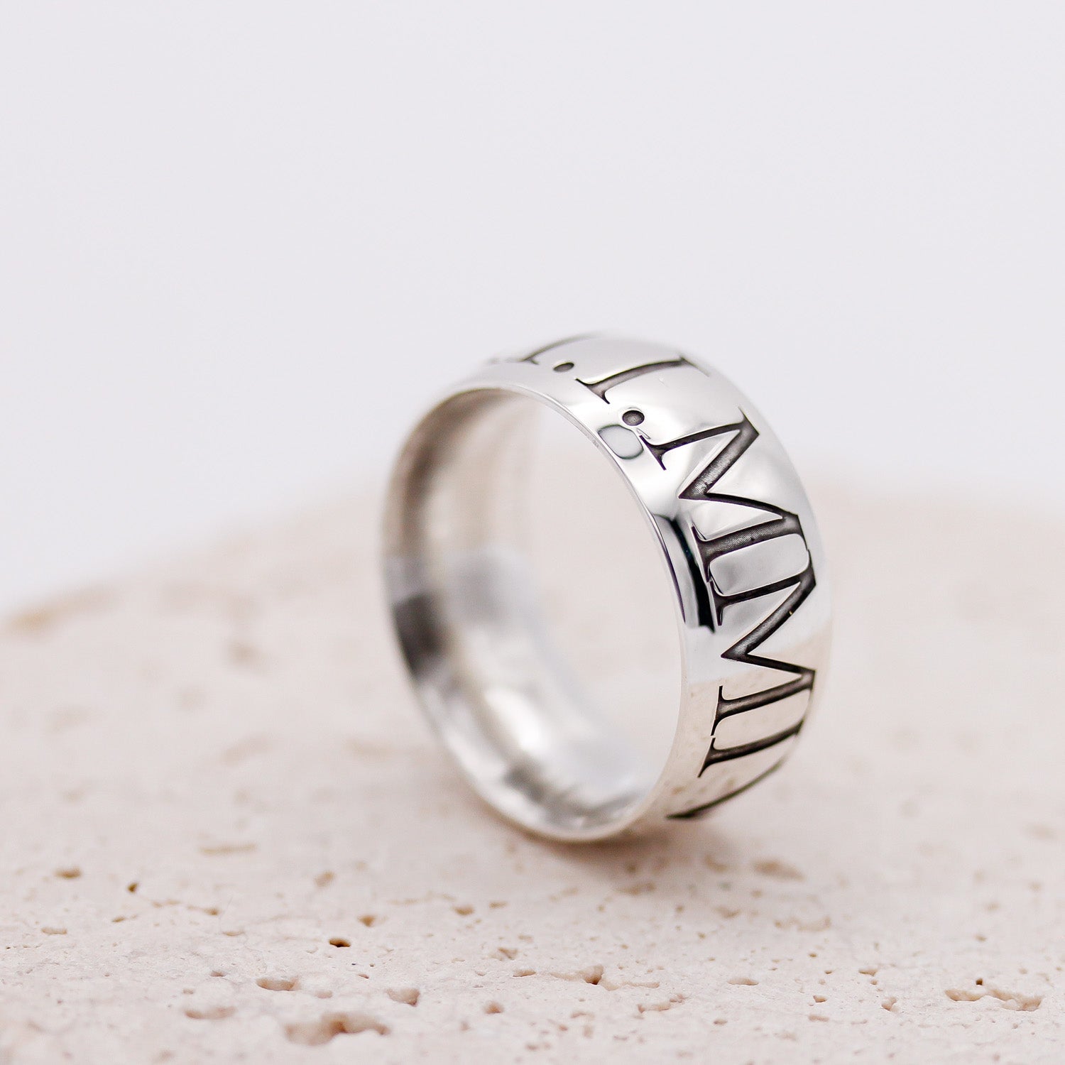 mens wide silver ring with roman numerals engraved 18th birthday gift