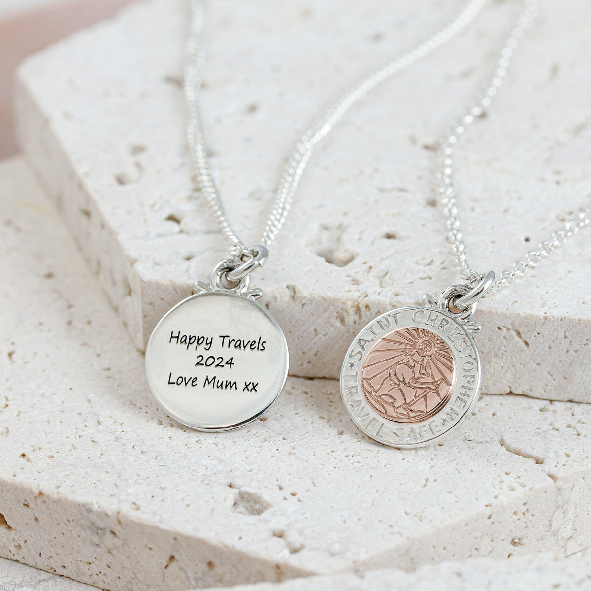 Personalised St Christopher Necklace - Silver &amp; Rose Gold