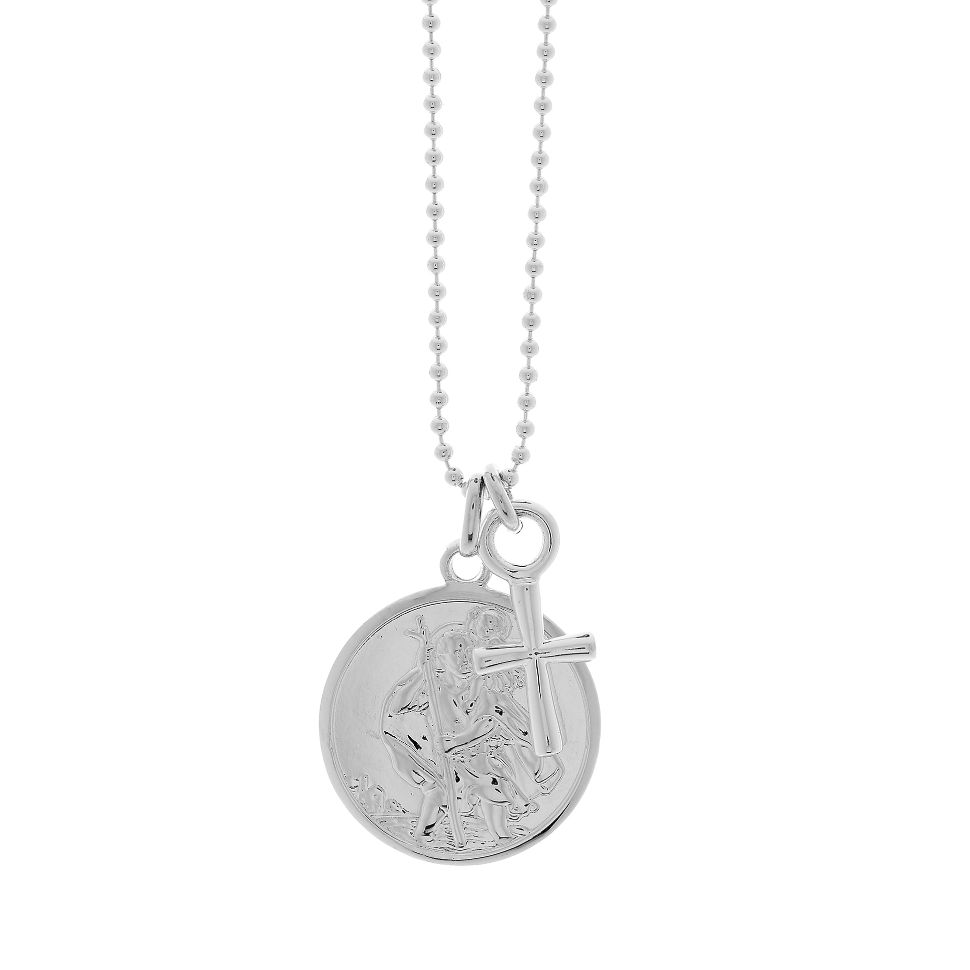 Silver st christopher necklace with a cross on ball chain off the map jewellery
