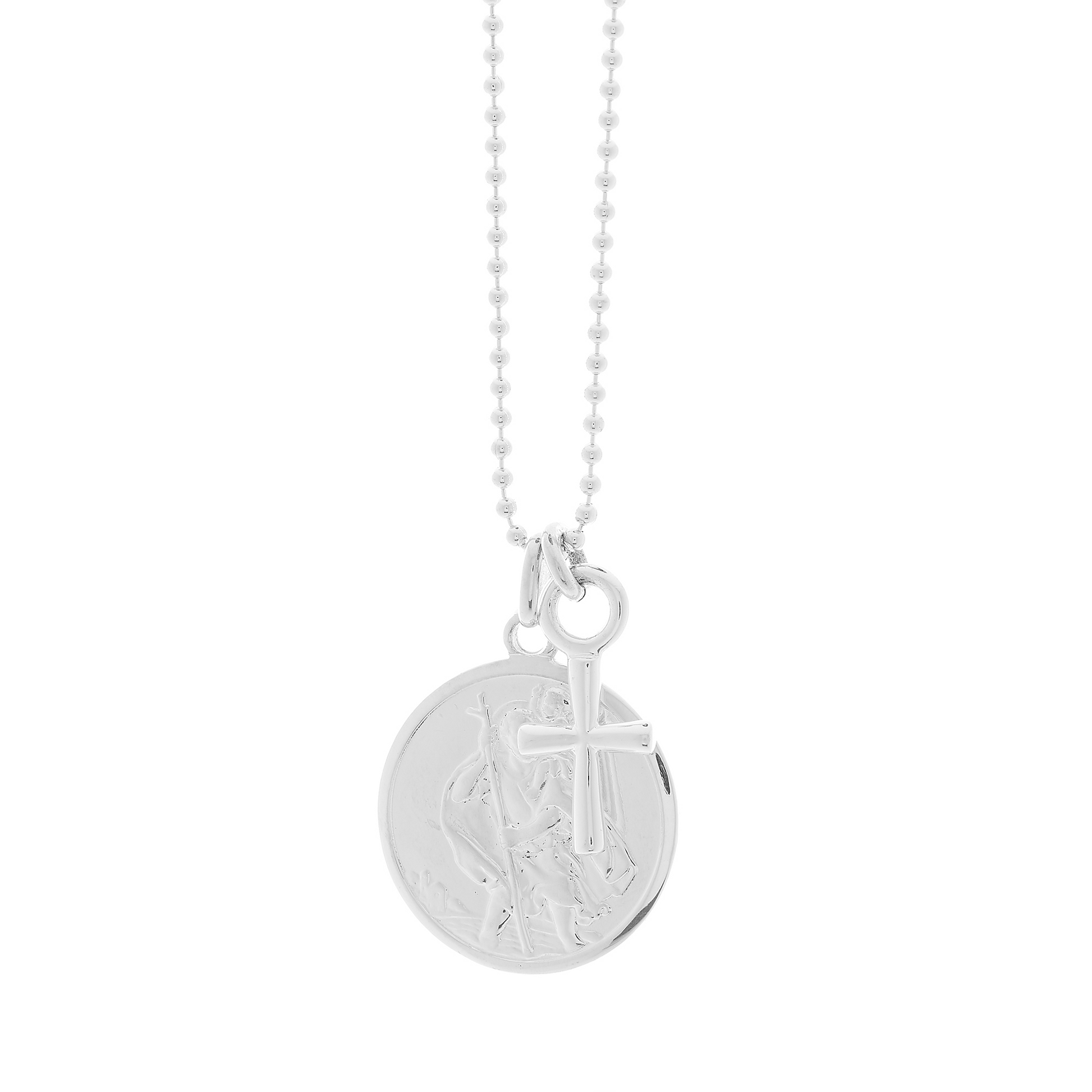 Silver st christopher necklace with a cross on ball chain off the map jewellery
