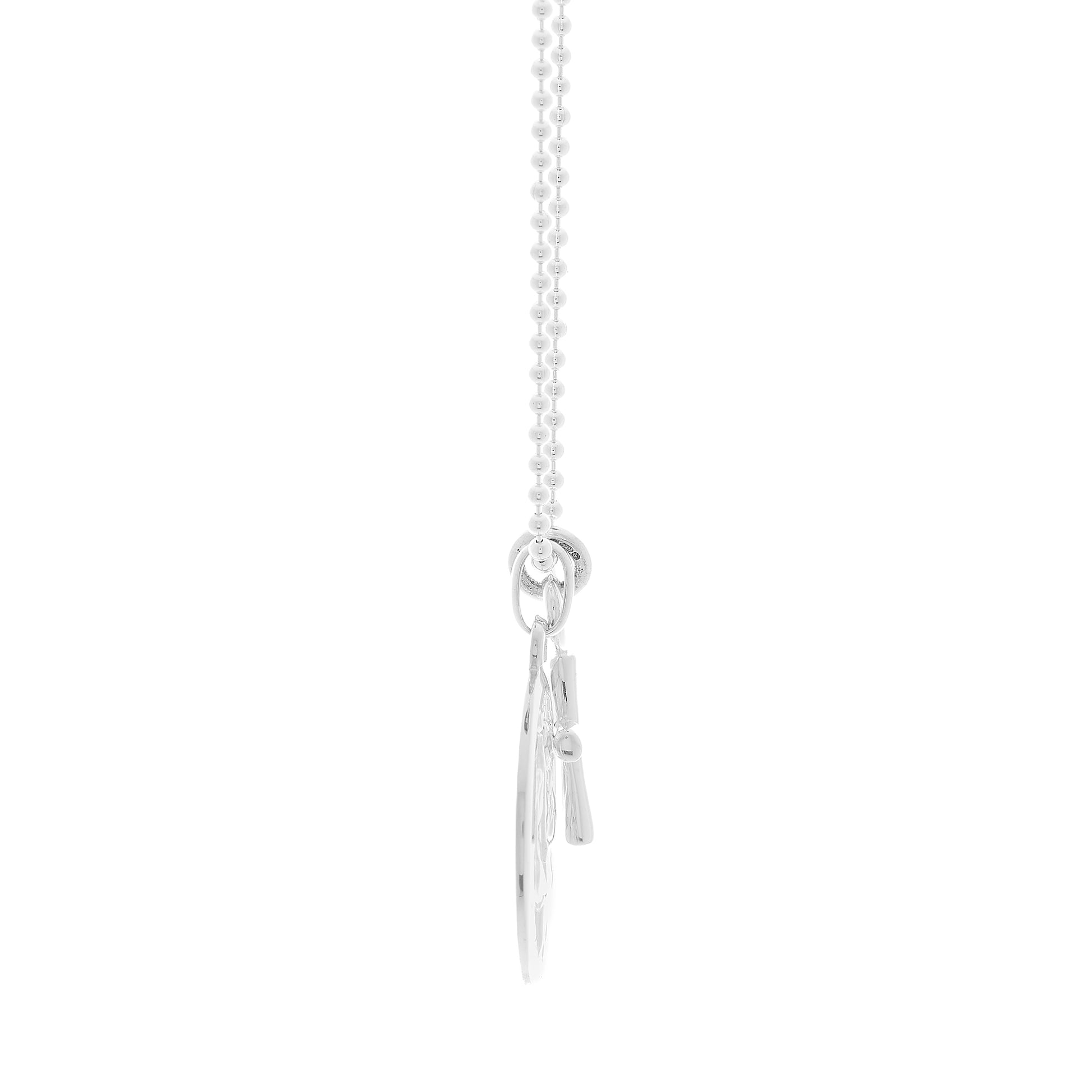 Silver st christopher necklace with a cross on ball chain off the map jewellery side view