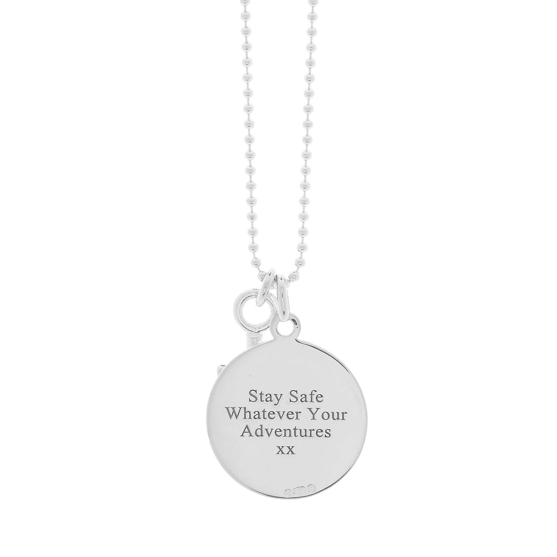 Silver st christopher necklace with a cross on ball chain off the map jewellery back view engraving