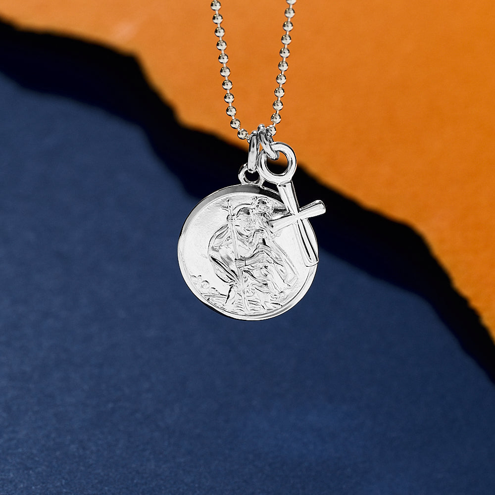 Silver st christopher necklace with a cross on ball chain off the map jewellery