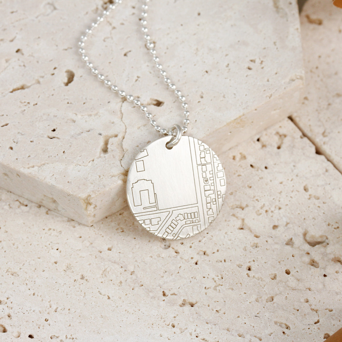 matte finish silver street map necklace on ball chain