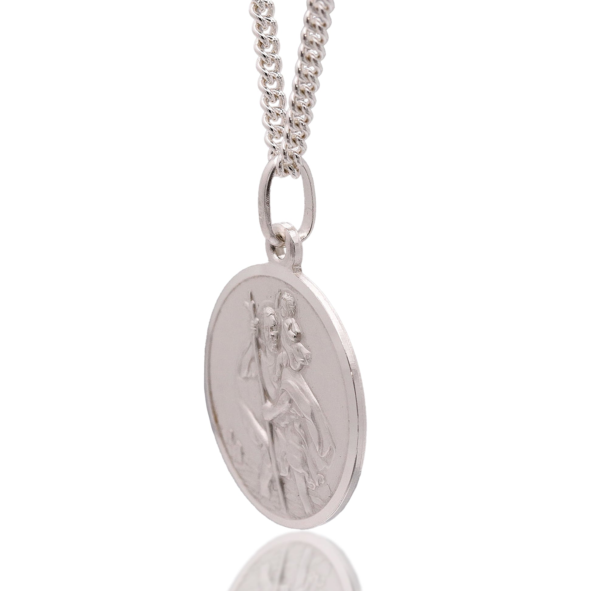 Silver saint christopher necklace on a white background